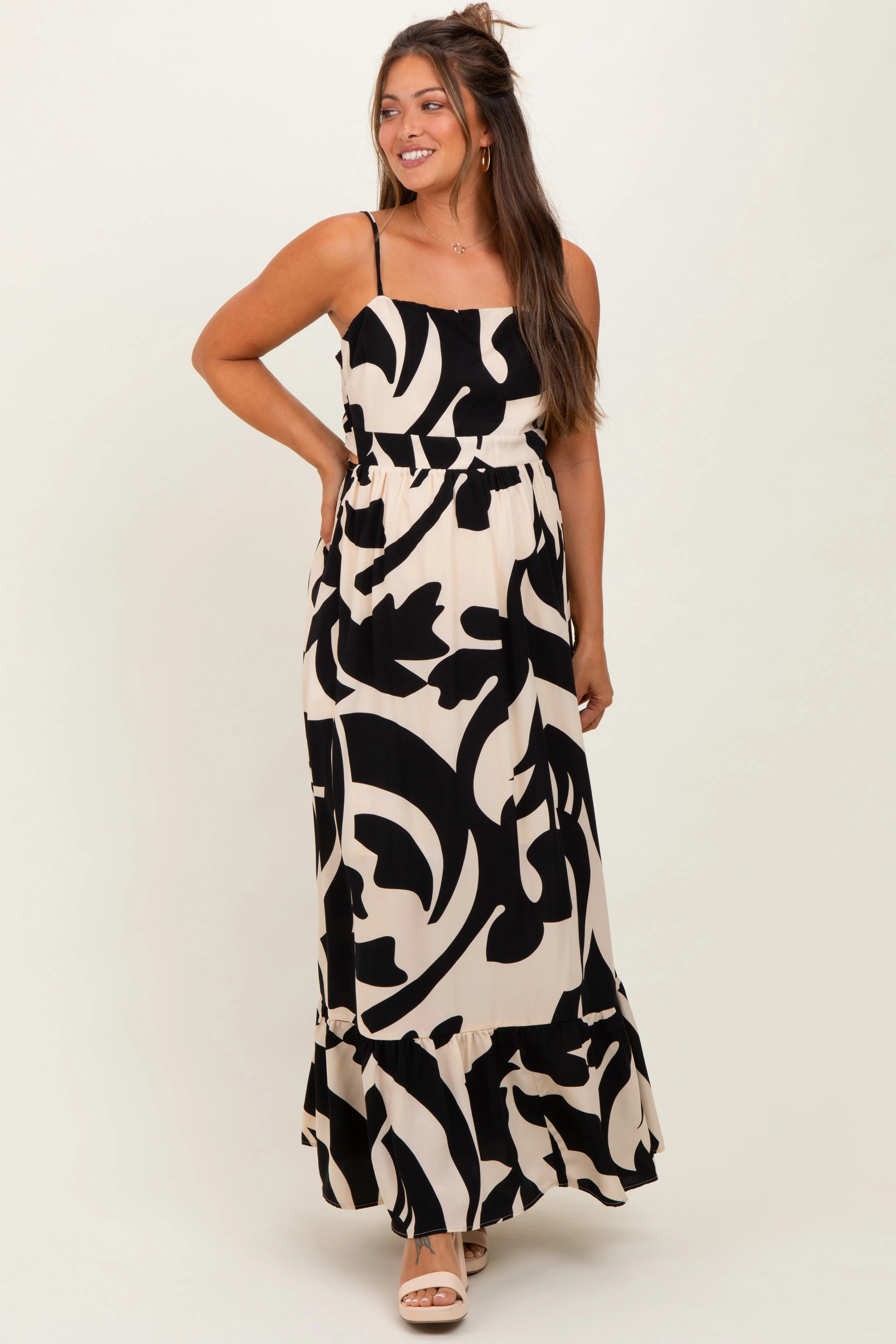Black Printed Sleeveless Cutout Tie Back Maternity Maxi Dress sold by Pinkblush product image thumbnail 2