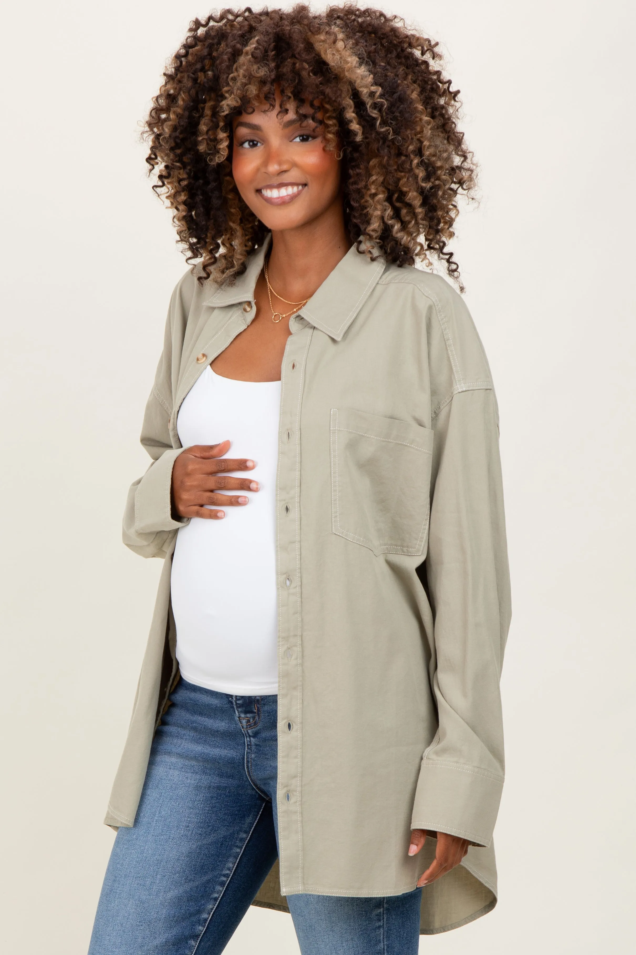 Light Olive Chambray Button Down Maternity Top sold by Pinkblush