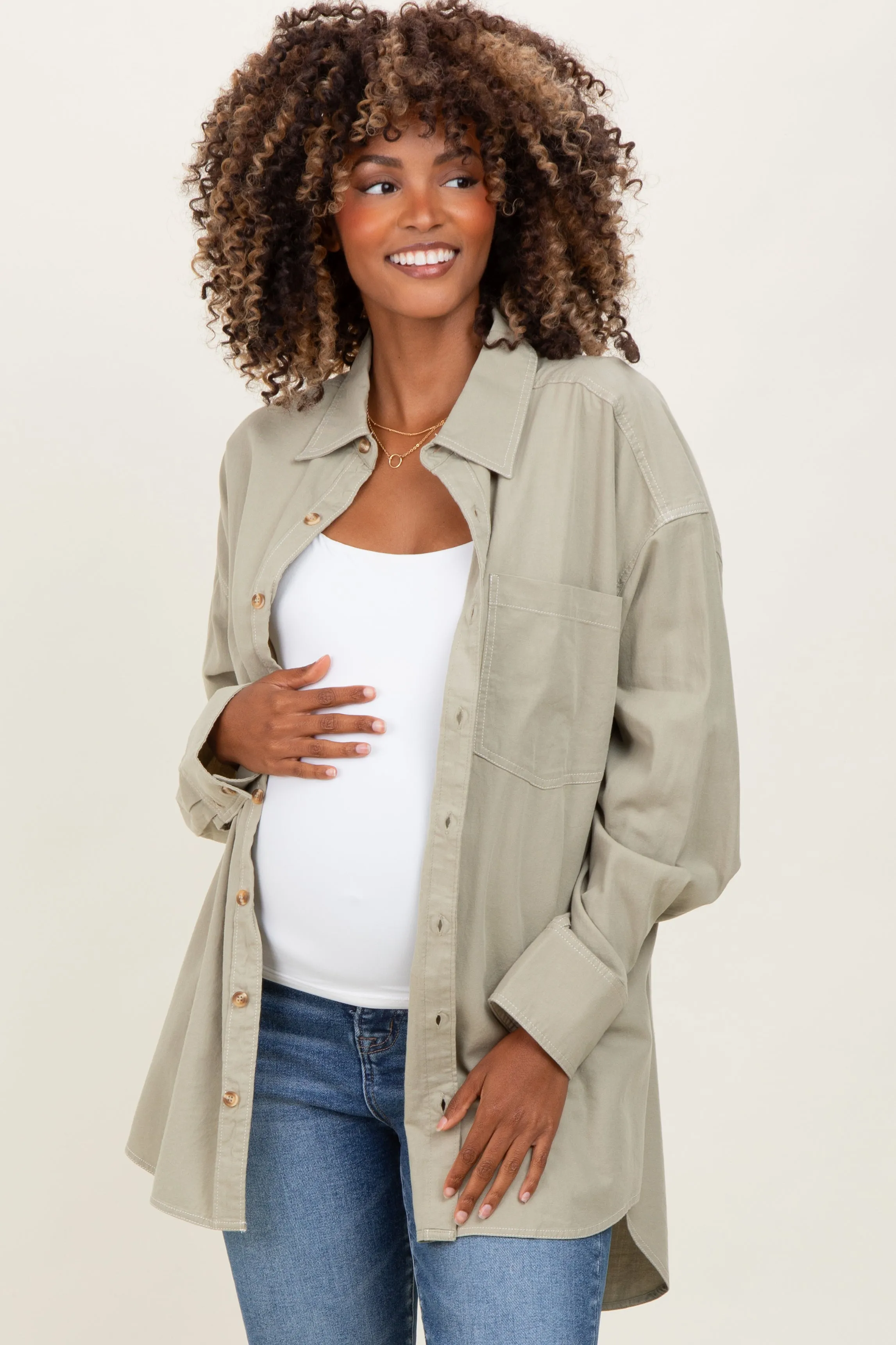 Light Olive Chambray Button Down Maternity Top sold by Pinkblush product image thumbnail 3