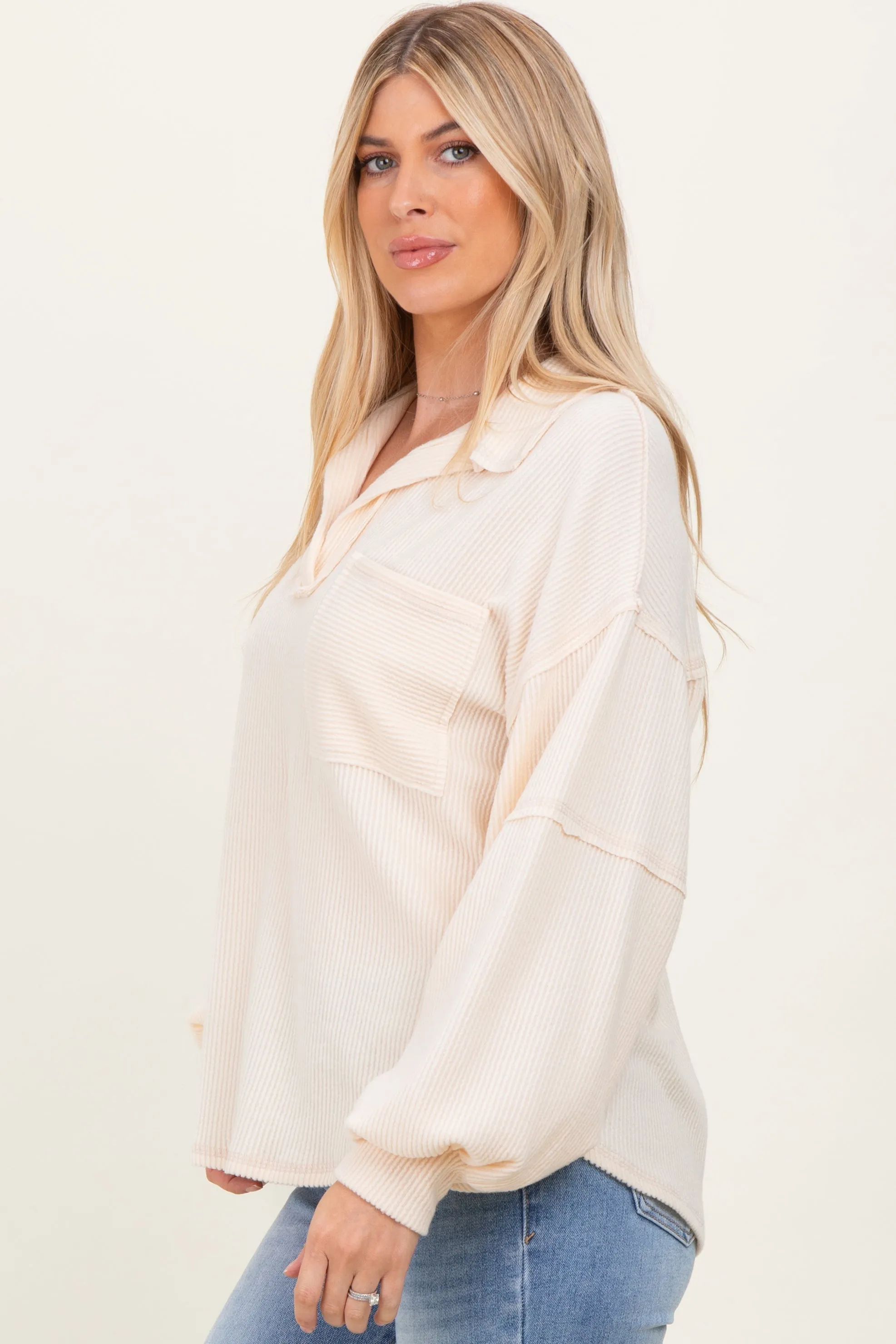 Cream Solid Ribbed Long Sleeve Pocketed Collared V-Neck Top sold by Pinkblush product image thumbnail 3