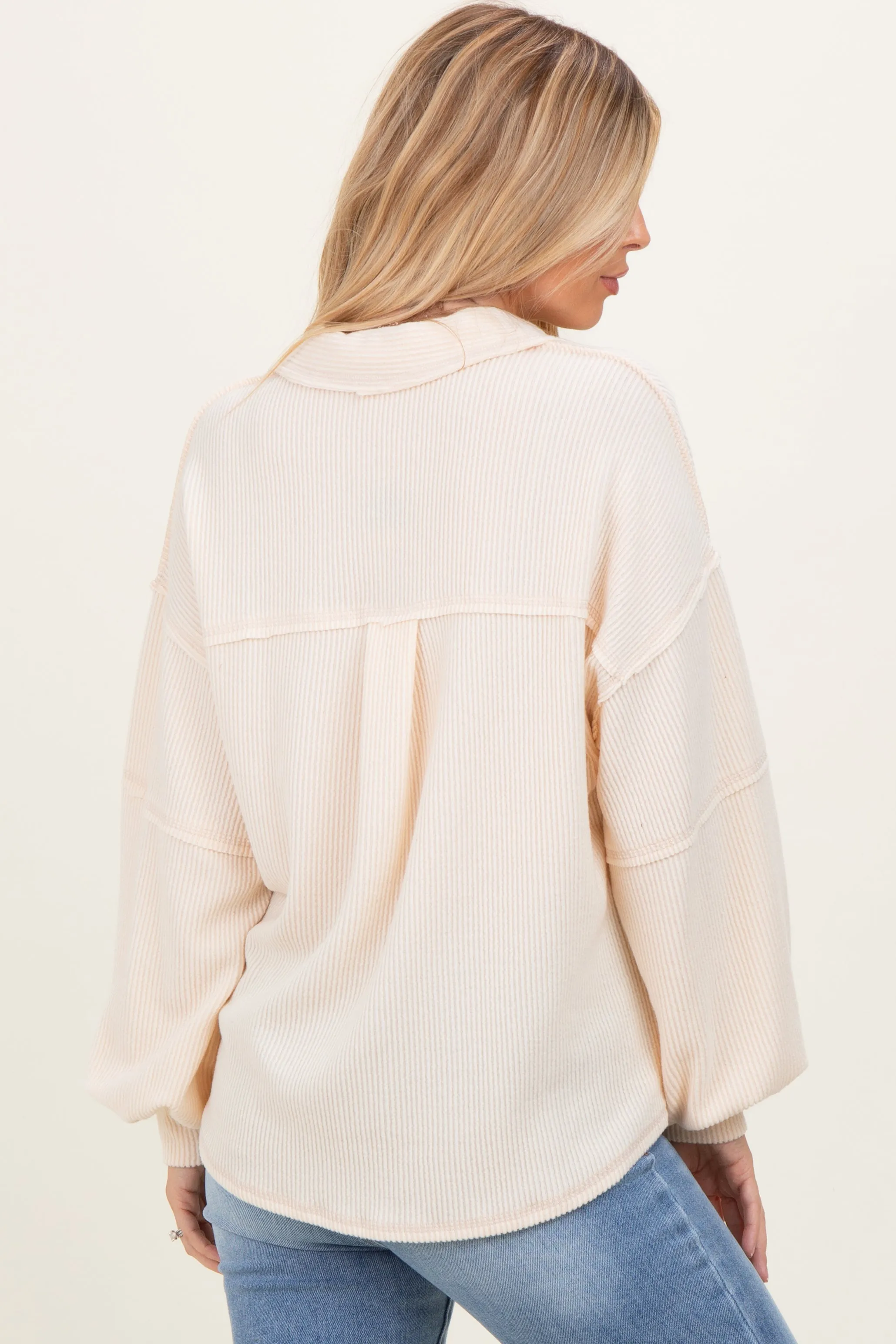 Cream Solid Ribbed Long Sleeve Pocketed Collared V-Neck Top sold by Pinkblush product image thumbnail 4