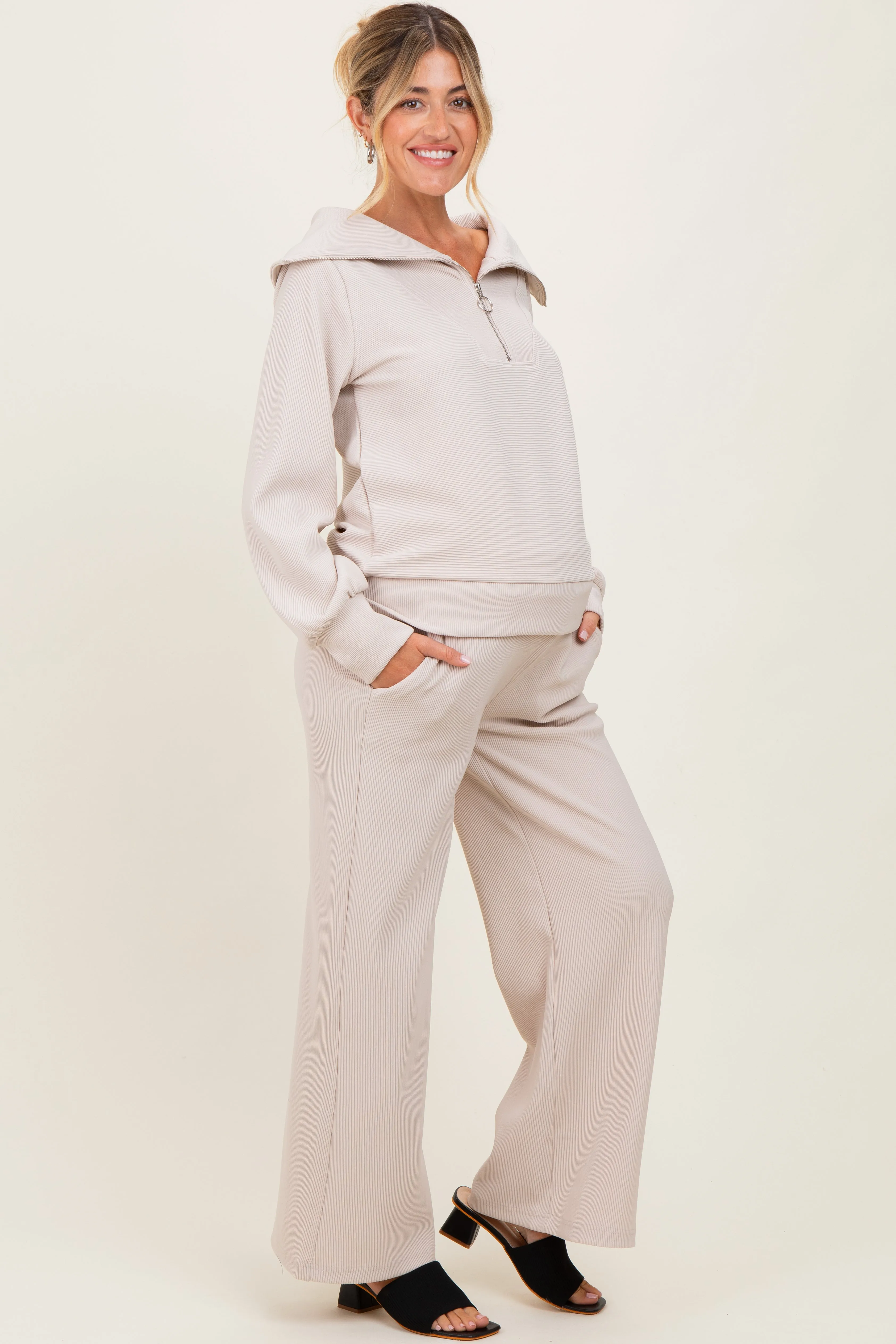 Cream RIbbed Half Zip Pullover Wide Leg Pant Maternity Set sold by Pinkblush product image thumbnail 2