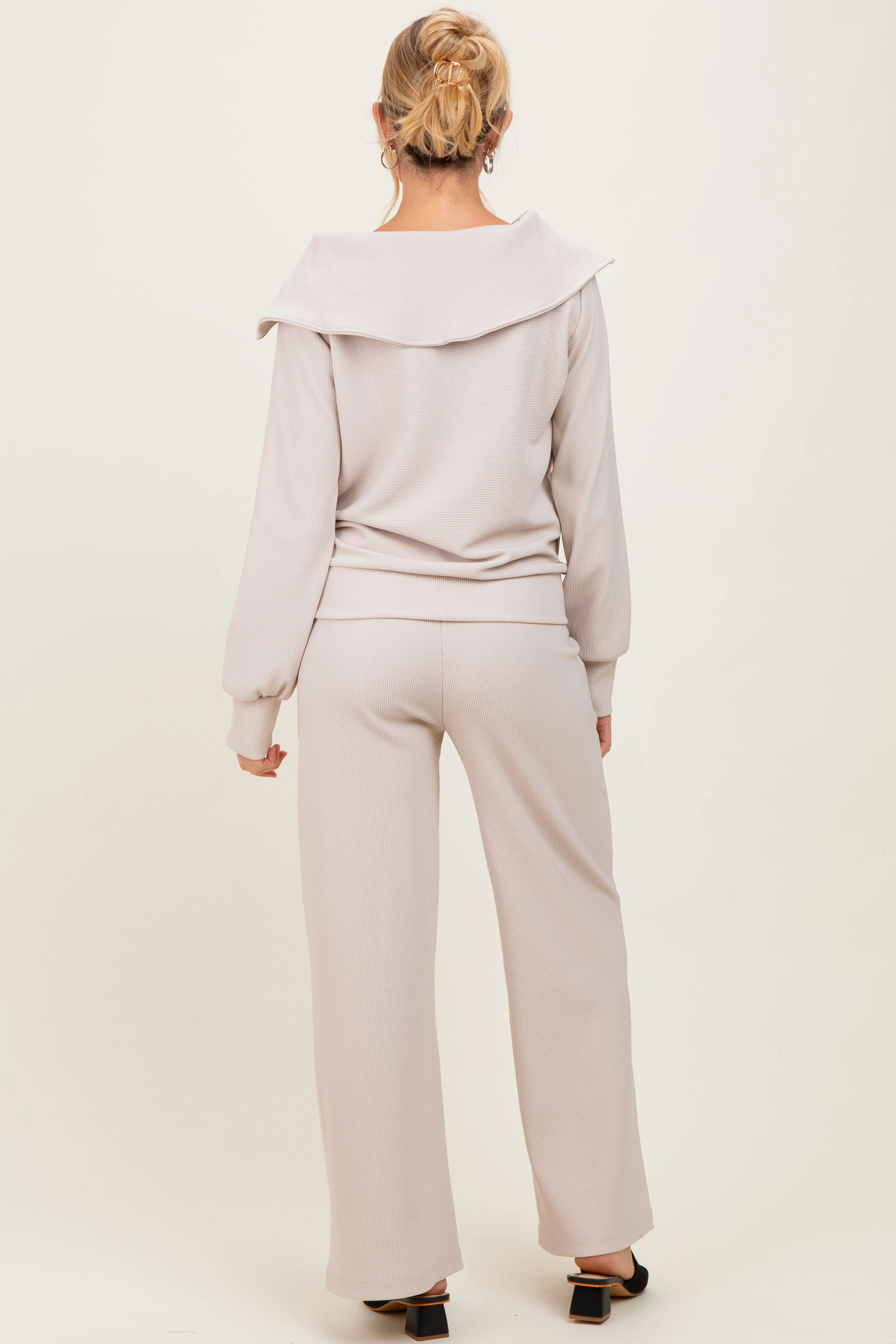 Cream RIbbed Half Zip Pullover Wide Leg Pant Maternity Set sold by Pinkblush product image thumbnail 3