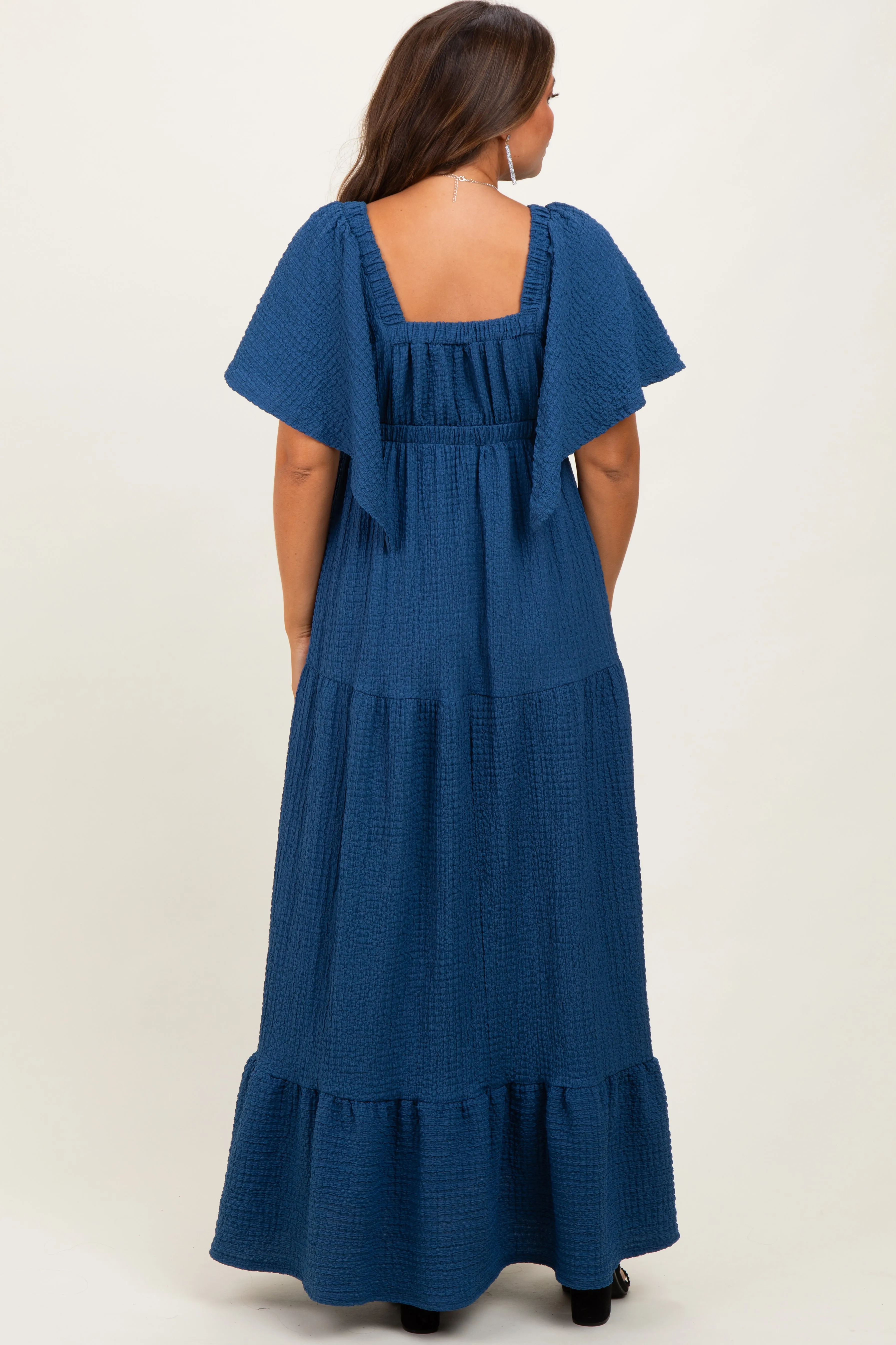 Royal Blue Woven Textured Flutter Sleeve V-Neck Tiered Maternity Maxi Dress sold by Pinkblush product image thumbnail 4