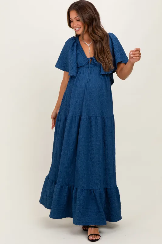 Royal Blue Woven Textured Flutter Sleeve V-Neck Tiered Maternity Maxi Dress sold by Pinkblush