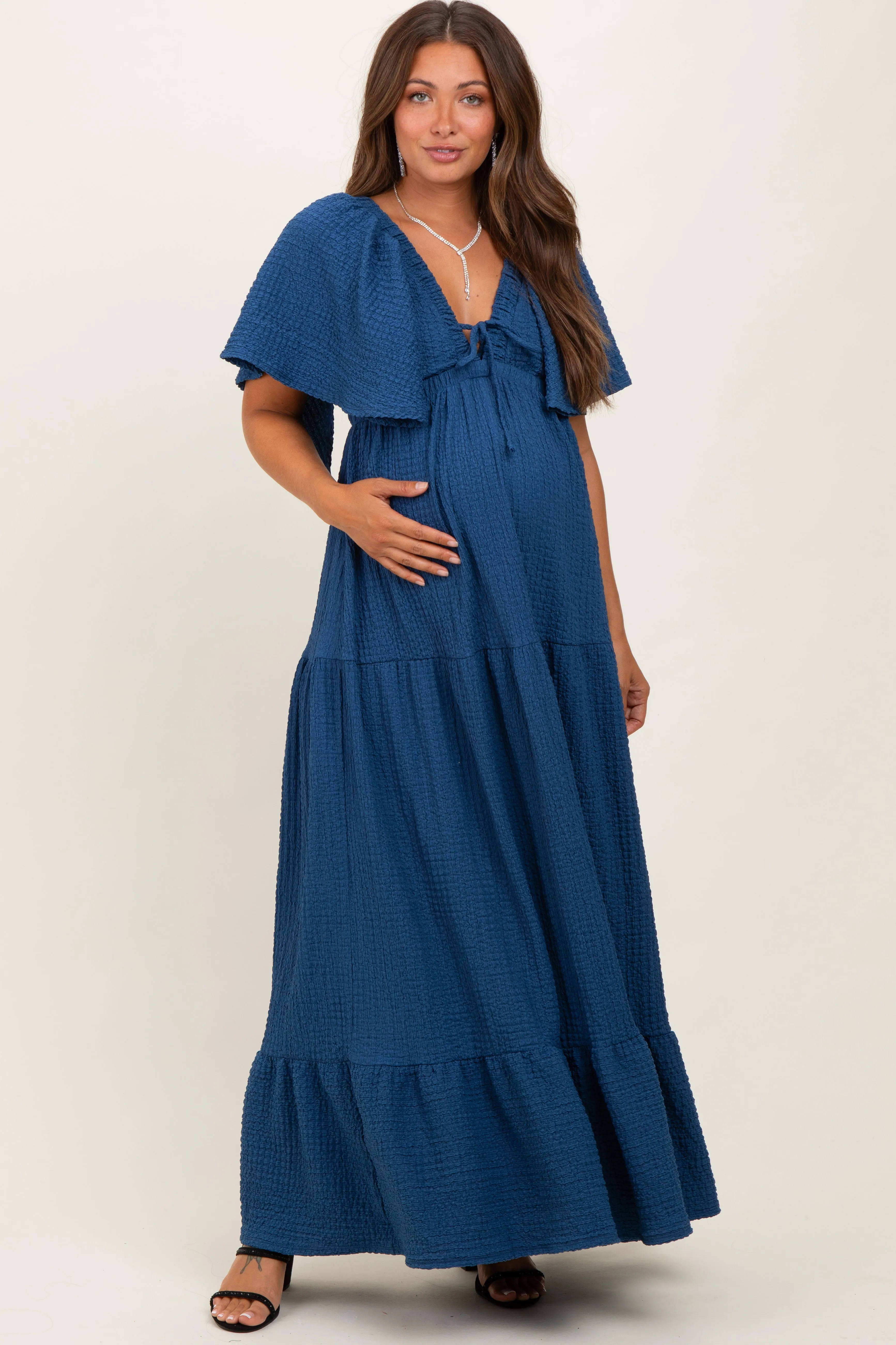 Royal Blue Woven Textured Flutter Sleeve V-Neck Tiered Maternity Maxi Dress sold by Pinkblush product image thumbnail 2