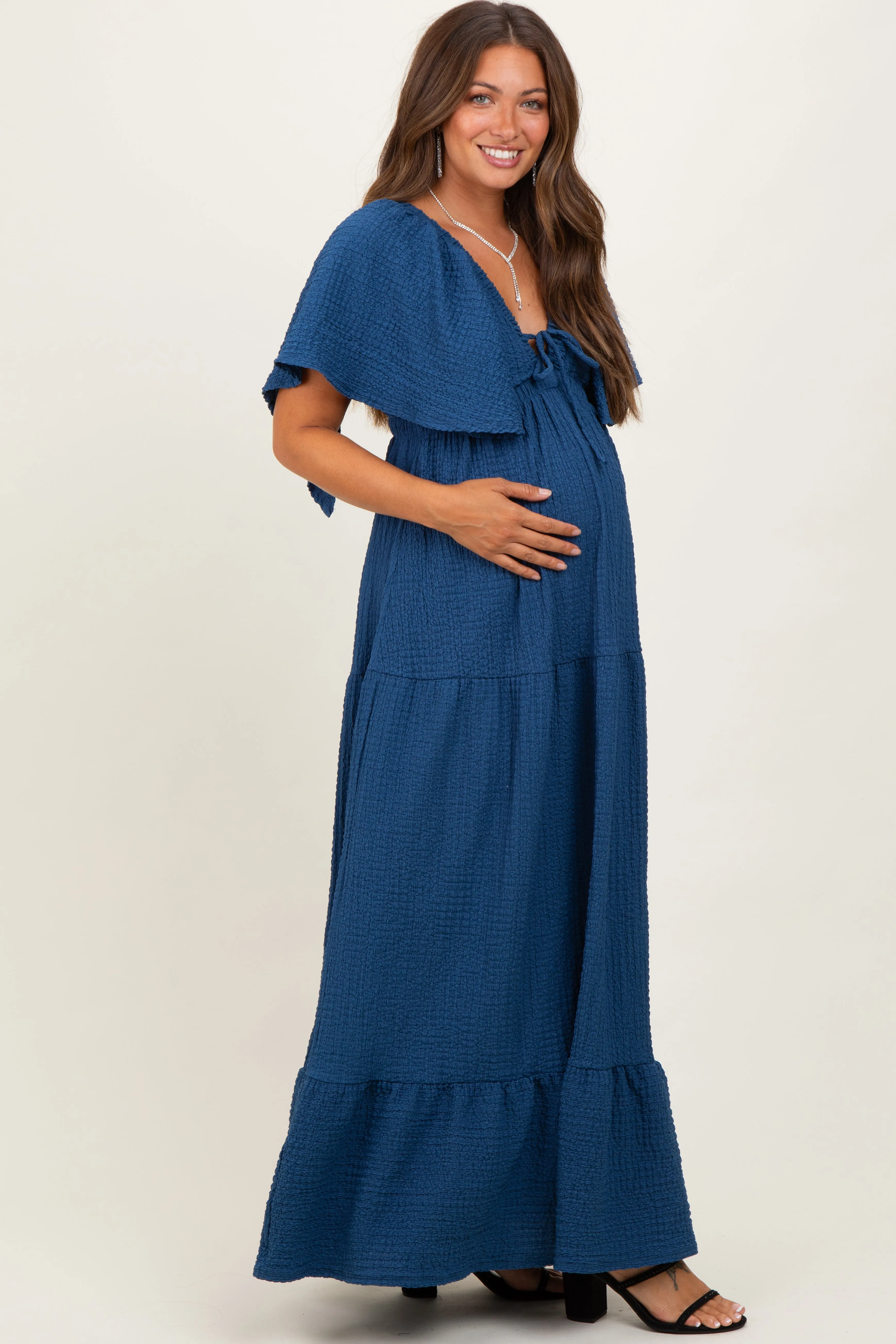 Royal Blue Woven Textured Flutter Sleeve V-Neck Tiered Maternity Maxi Dress sold by Pinkblush product image thumbnail 3