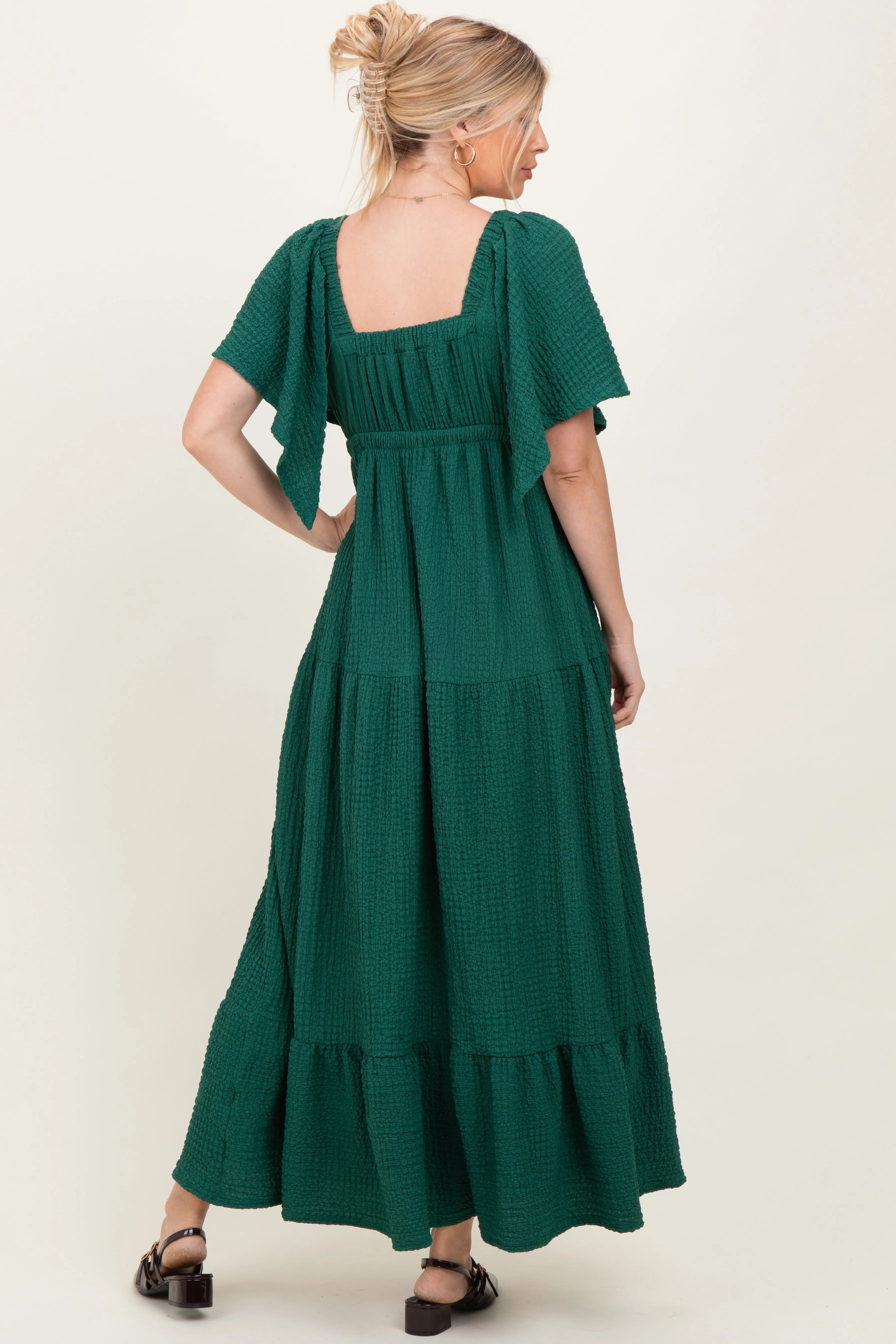 Hunter Green Textured Flutter Sleeve V-Neck Tiered Maxi Dress sold by Pinkblush product image thumbnail 3