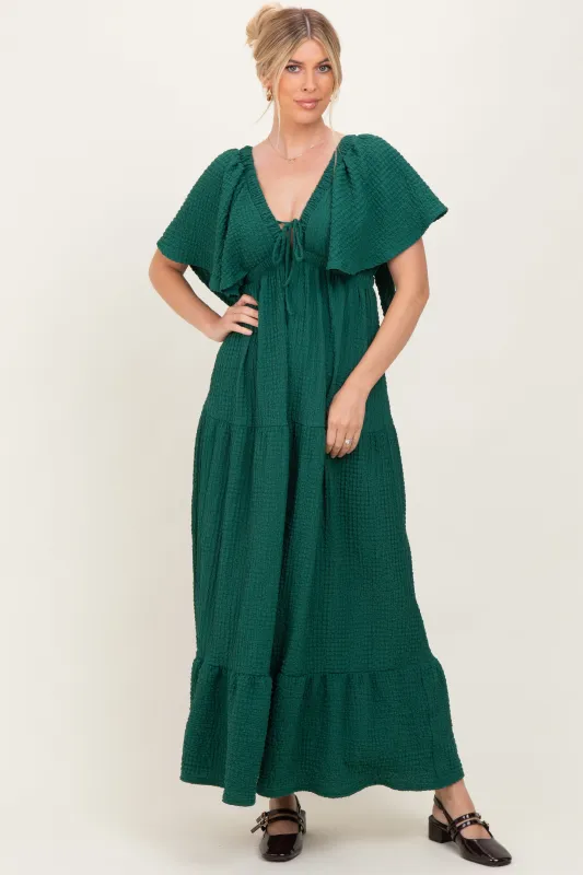 Hunter Green Textured Flutter Sleeve V-Neck Tiered Maxi Dress sold by Pinkblush