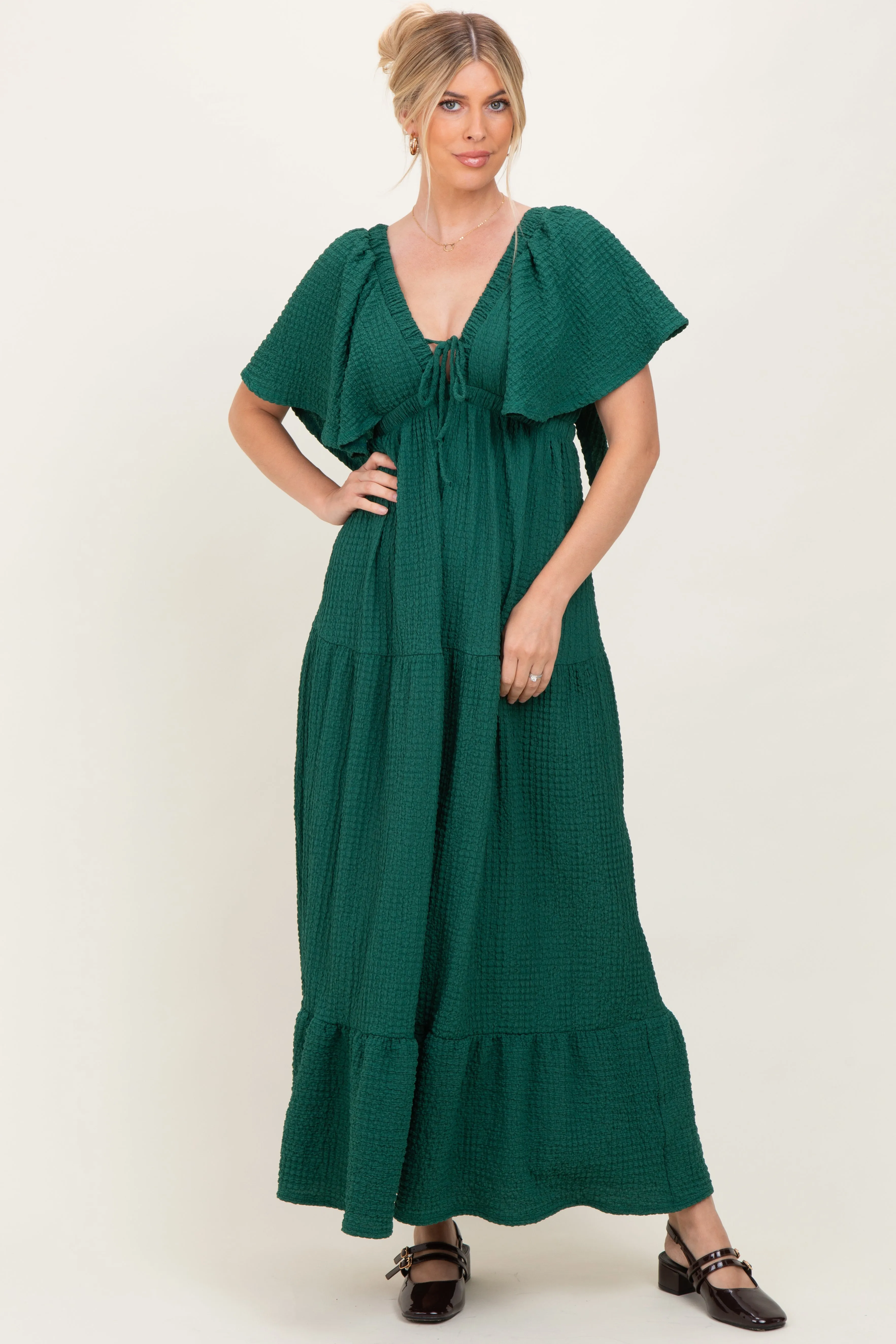Hunter Green Textured Flutter Sleeve V-Neck Tiered Maxi Dress sold by Pinkblush