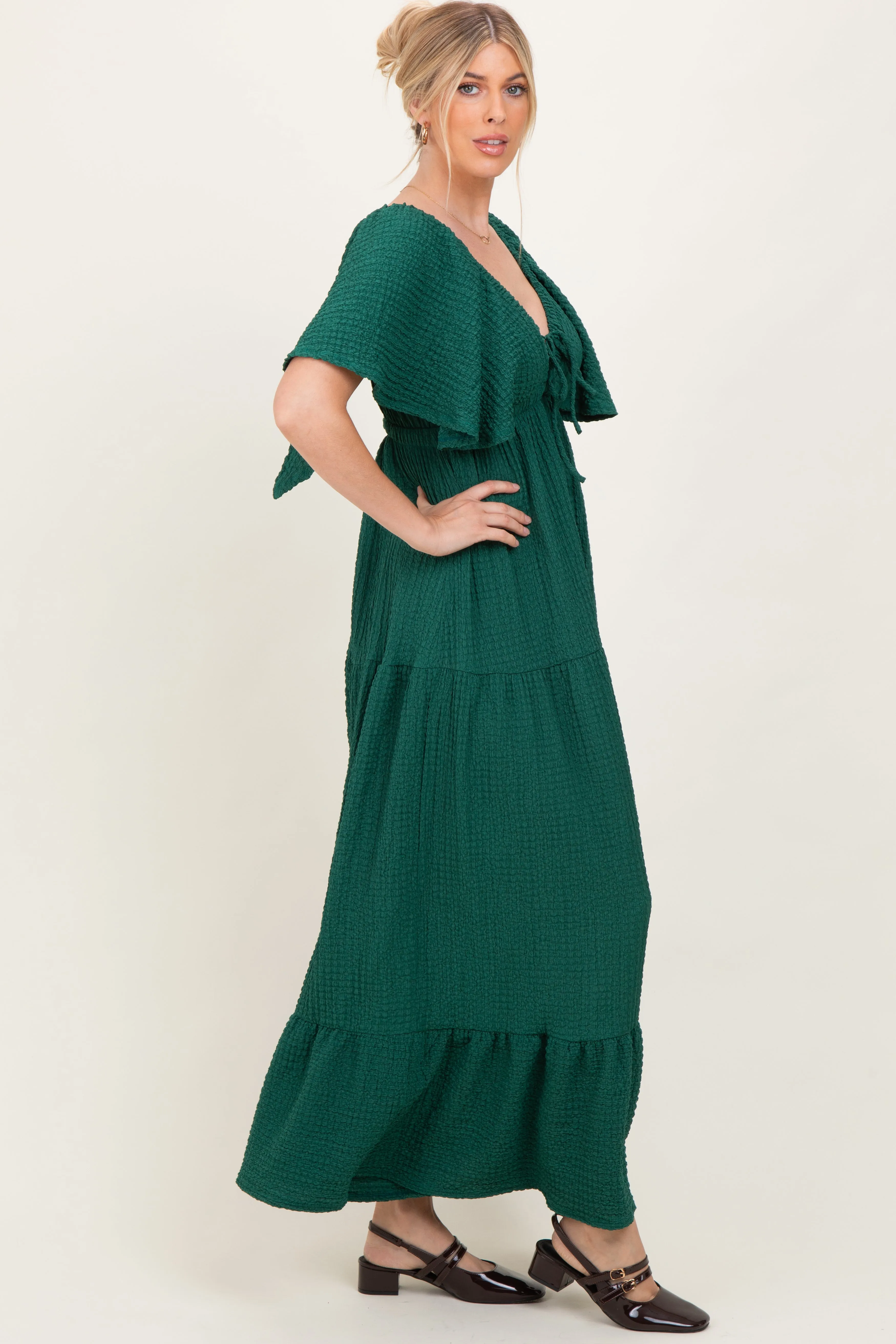 Hunter Green Textured Flutter Sleeve V-Neck Tiered Maxi Dress sold by Pinkblush product image thumbnail 2