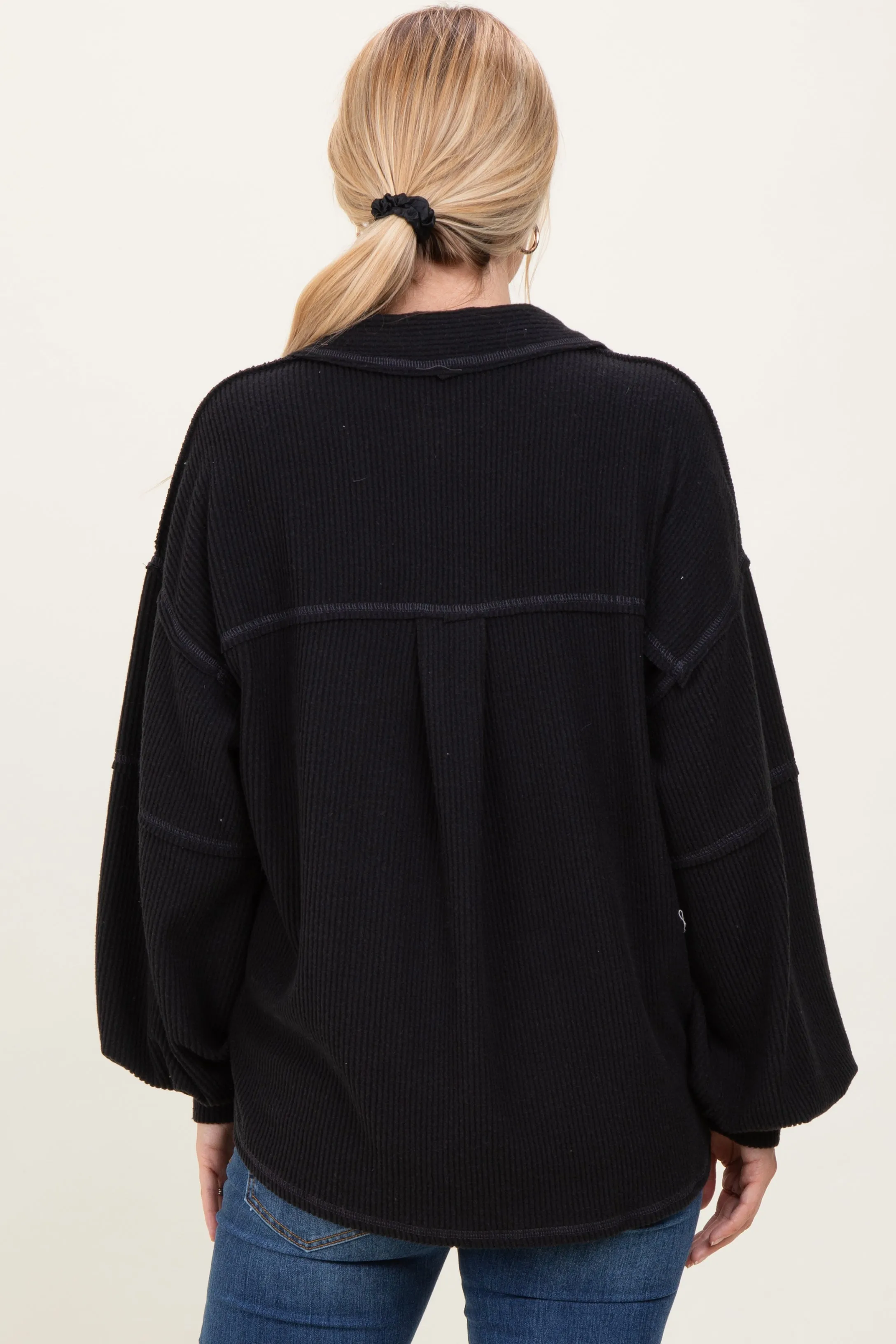 Black Solid Ribbed Long Sleeve Pocketed Collared V-Neck Top sold by Pinkblush product image thumbnail 4