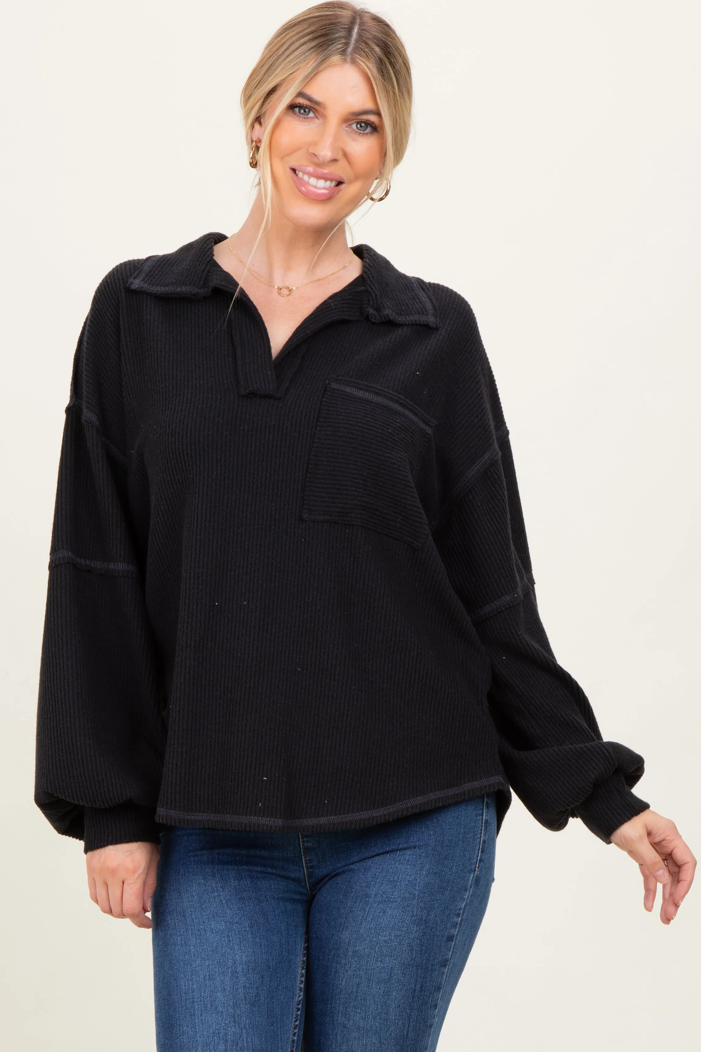 Black Solid Ribbed Long Sleeve Pocketed Collared V-Neck Top sold by Pinkblush