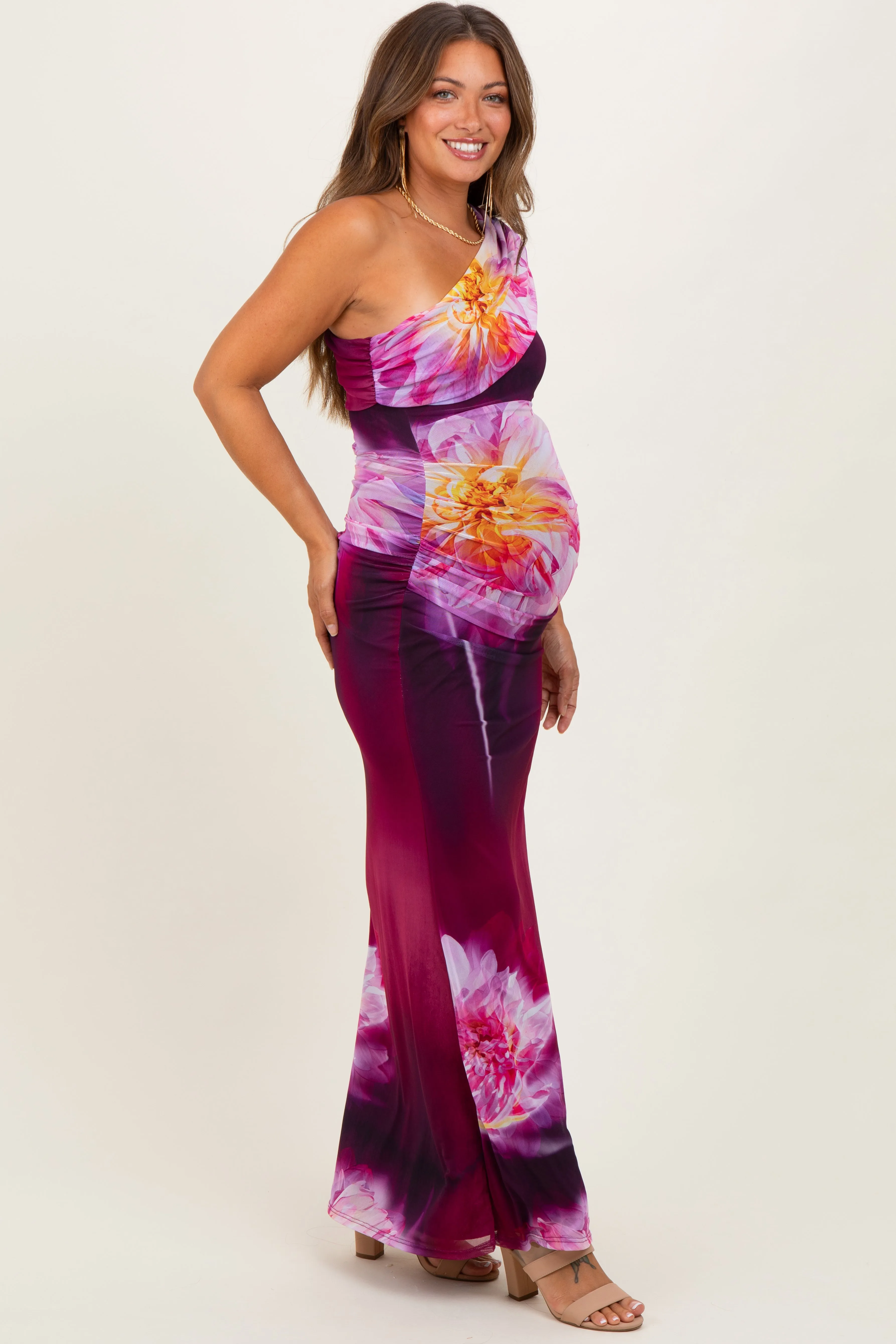 Plum Floral One Shoulder Maternity Maxi Dress sold by Pinkblush product image thumbnail 3