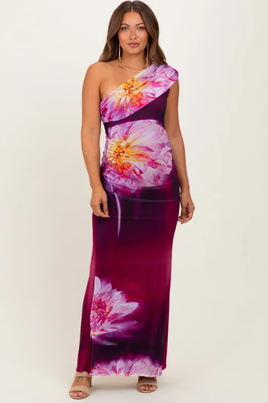 Plum Floral One Shoulder Maternity Maxi Dress made by Blue Blush