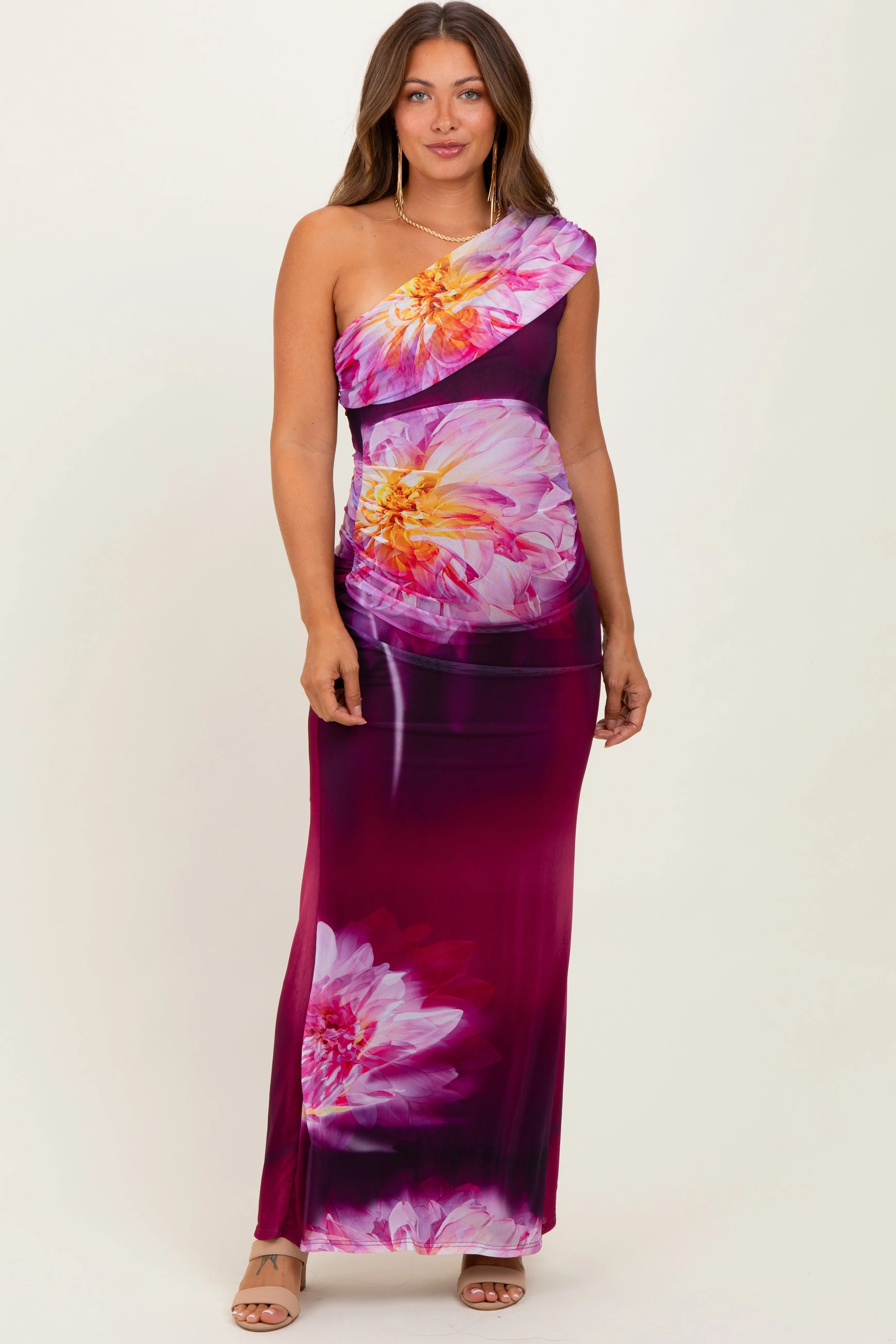 Plum Floral One Shoulder Maternity Maxi Dress sold by Pinkblush