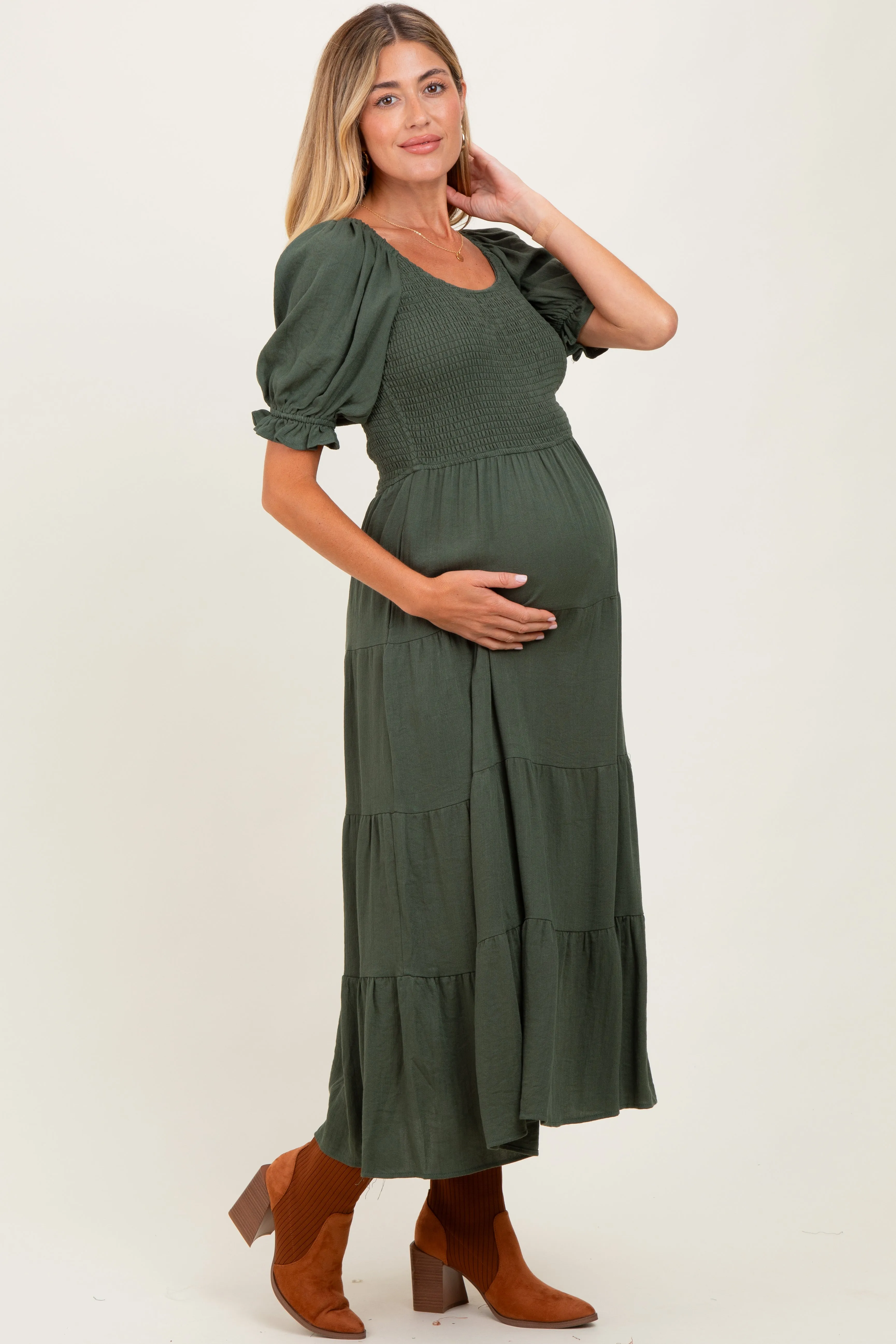 Olive Smocked Tiered Maternity Maxi Dress sold by Pinkblush product image thumbnail 3
