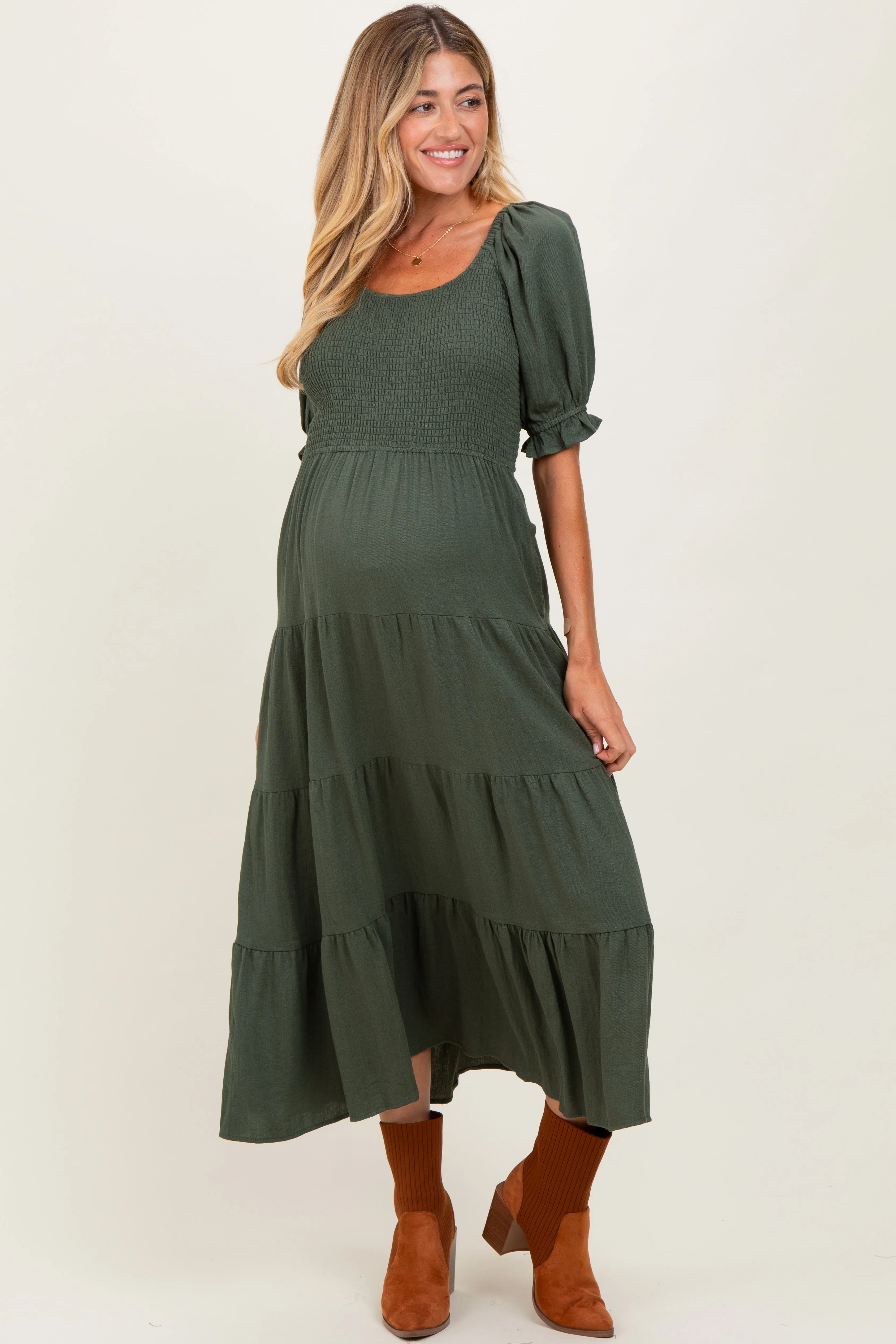 Olive Smocked Tiered Maternity Maxi Dress sold by Pinkblush