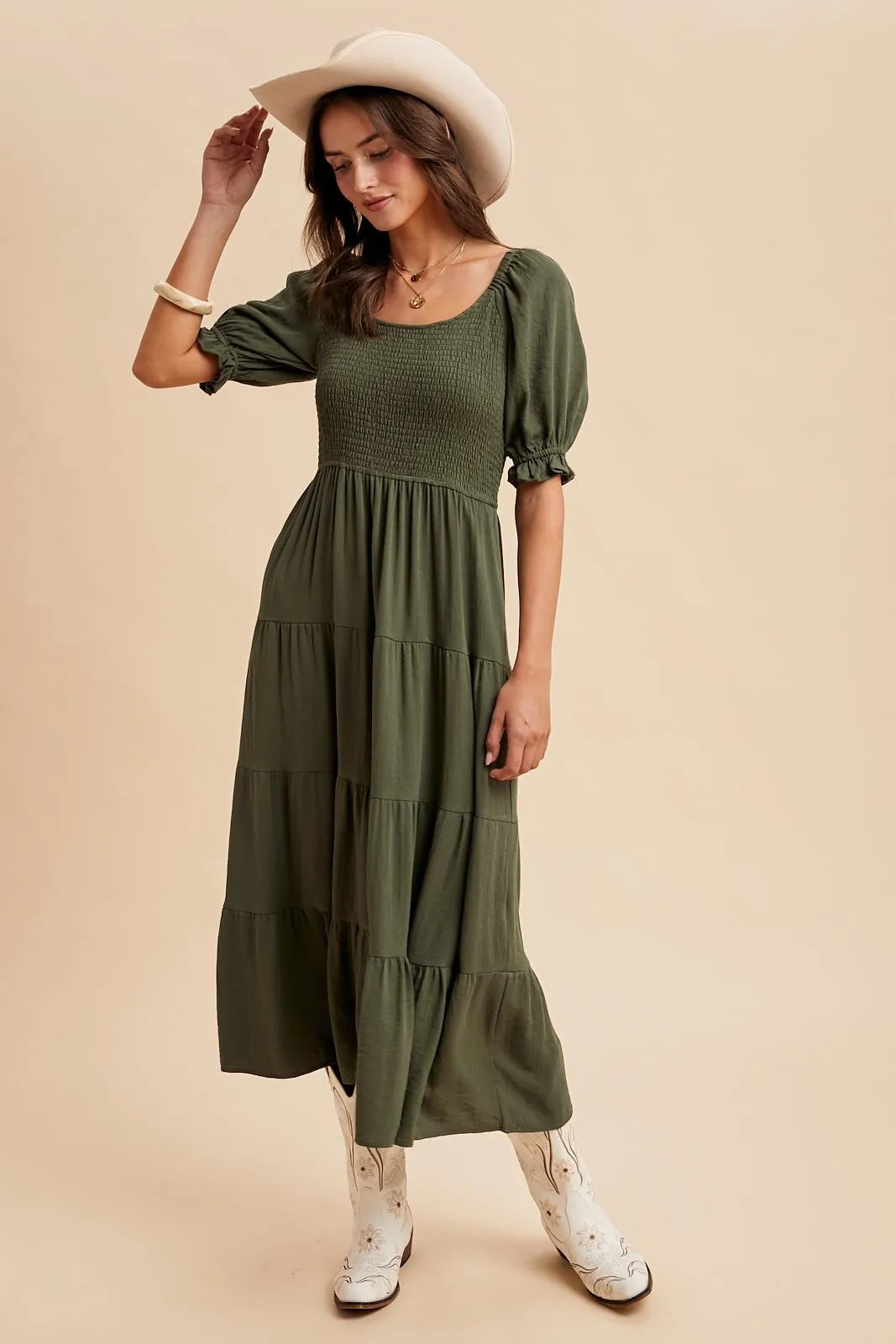 Olive Smocked Tiered Maternity Maxi Dress sold by Pinkblush product image thumbnail 5