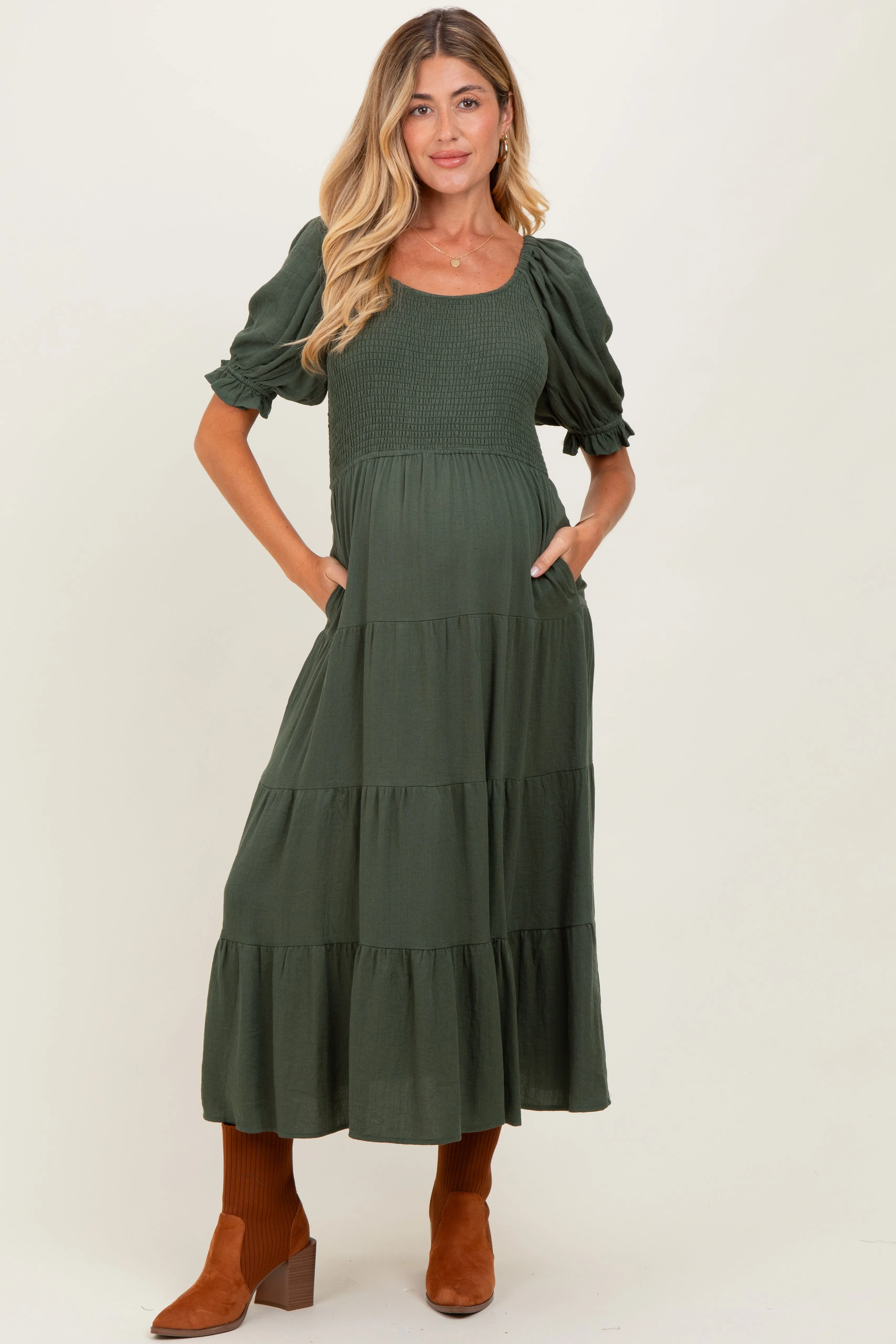 Olive Smocked Tiered Maternity Maxi Dress sold by Pinkblush product image thumbnail 2