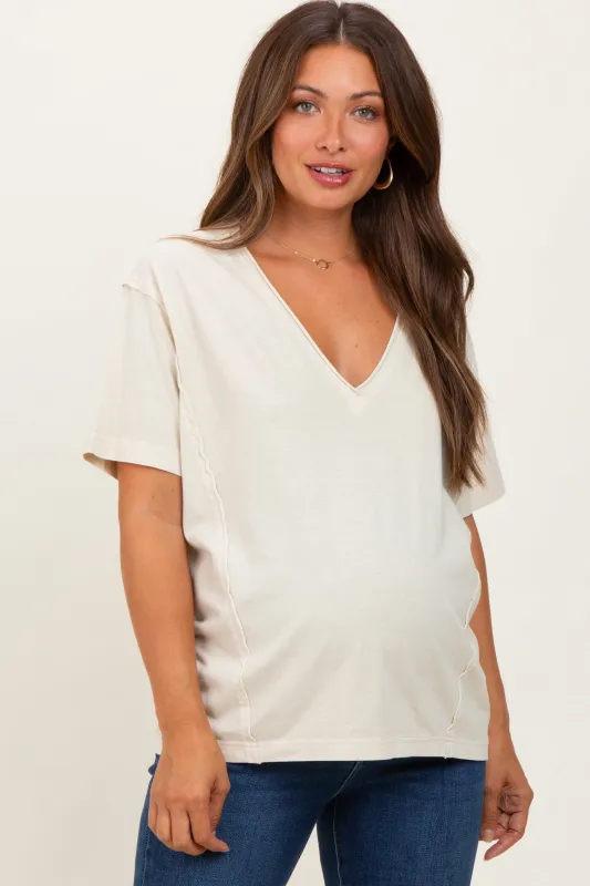 Cream Raw Edge V-Neck Short Sleeve Maternity T-Shirt sold by Pinkblush