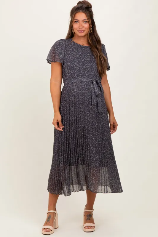 Grey Leaf Print Pleated Maternity Midi Dress sold by Pinkblush