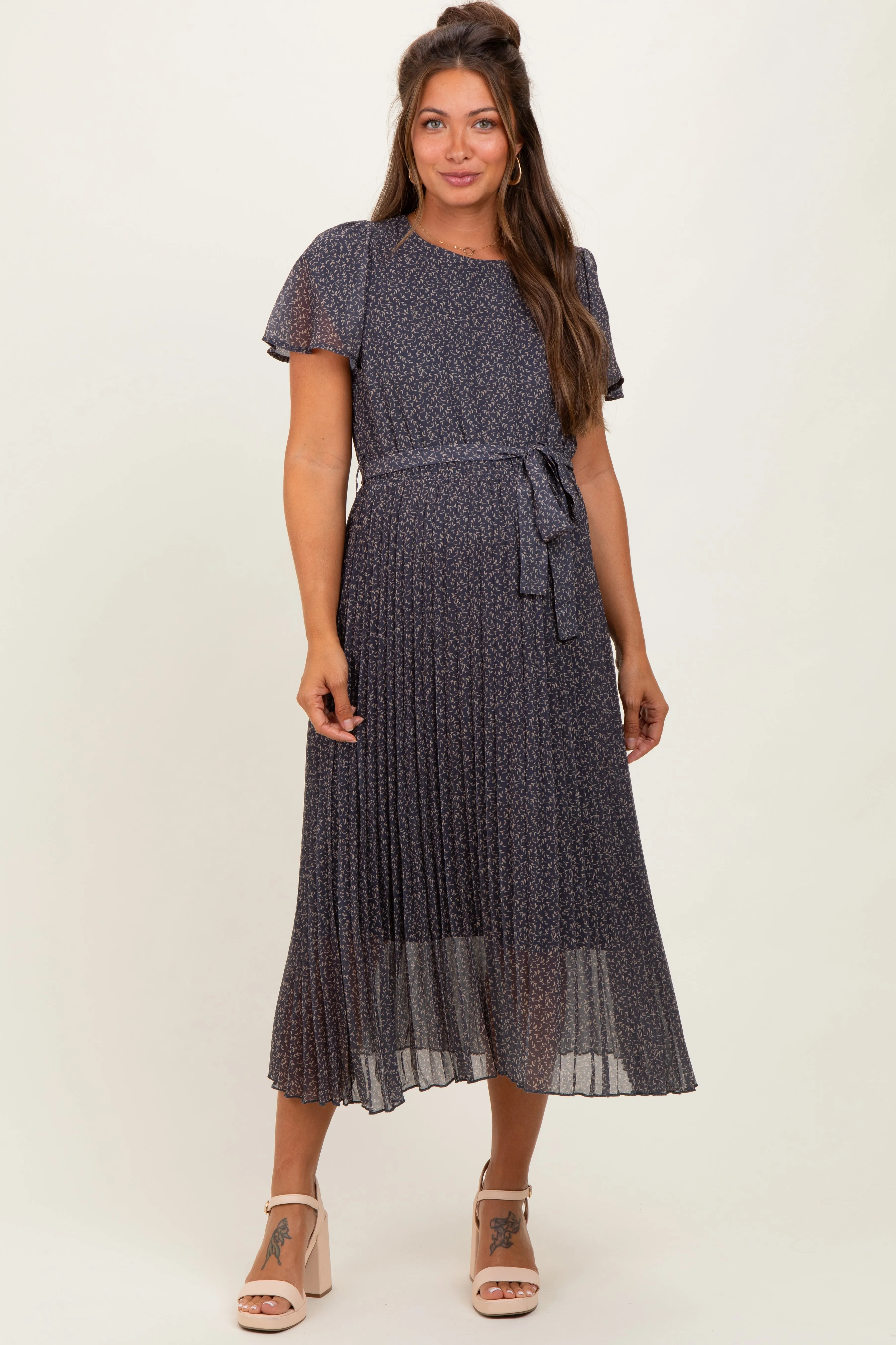 Grey Leaf Print Pleated Maternity Midi Dress sold by Pinkblush