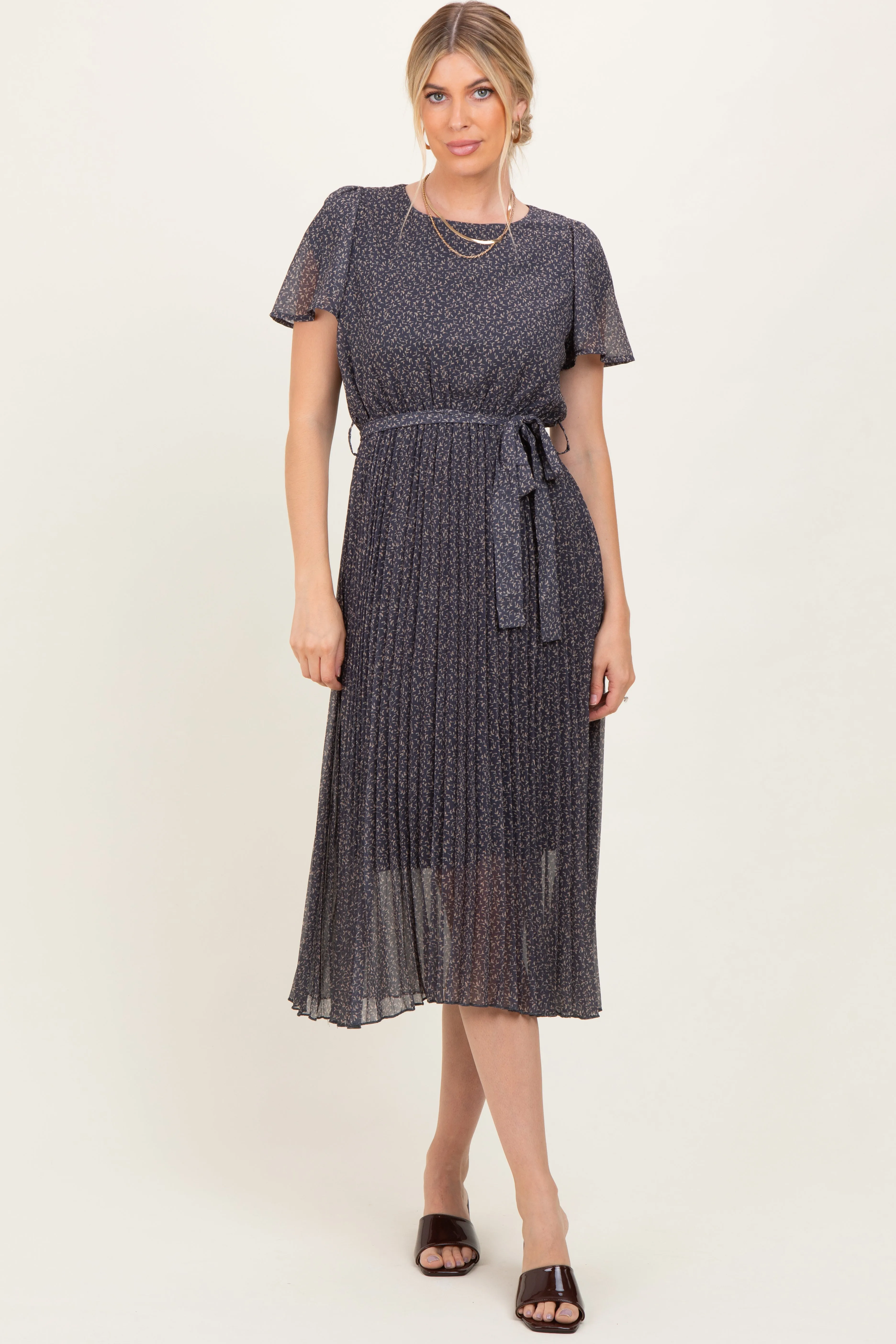 Grey Leaf Print Pleated Maternity Midi Dress sold by Pinkblush product image thumbnail 5