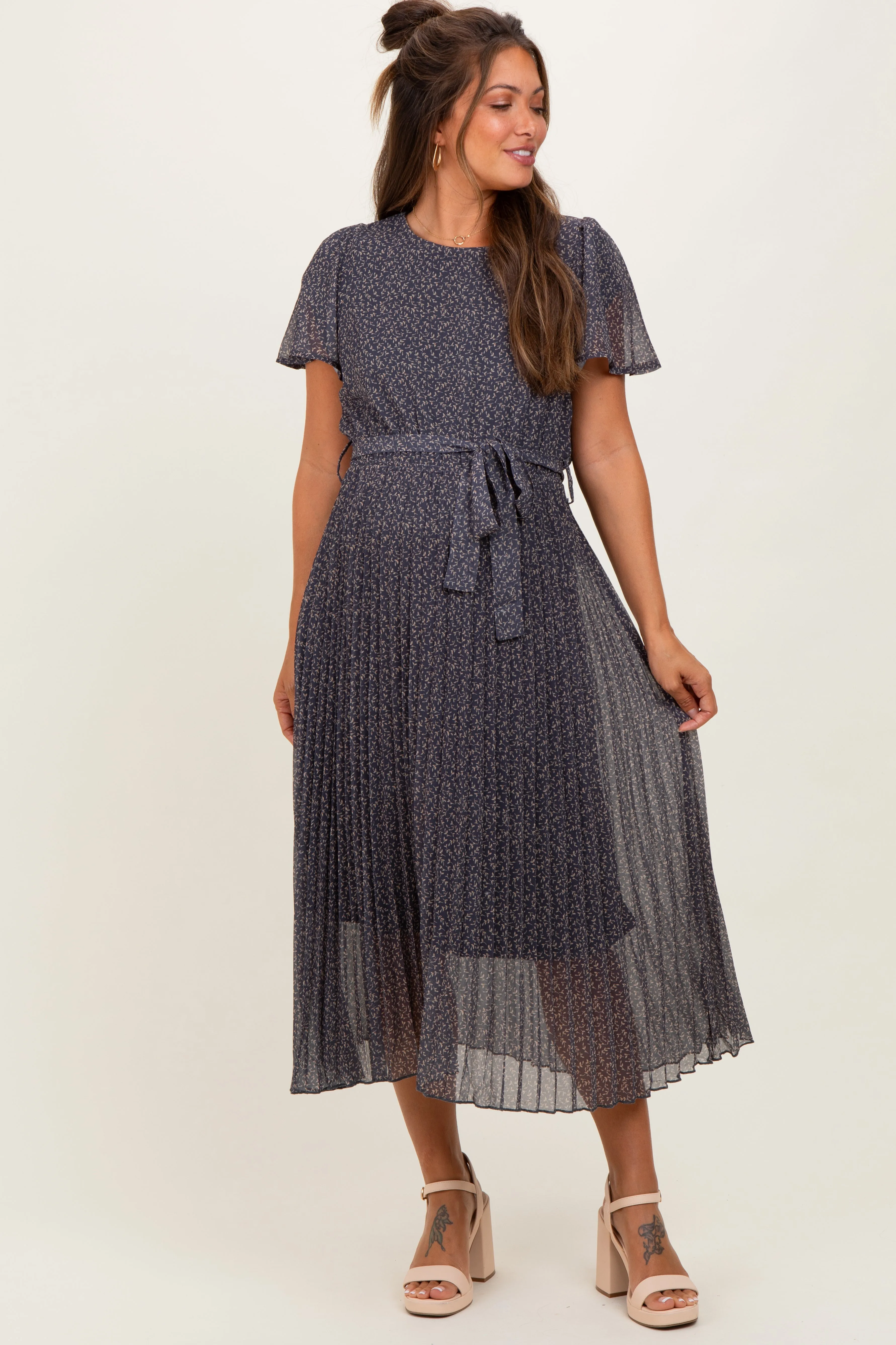 Grey Leaf Print Pleated Maternity Midi Dress sold by Pinkblush product image thumbnail 2