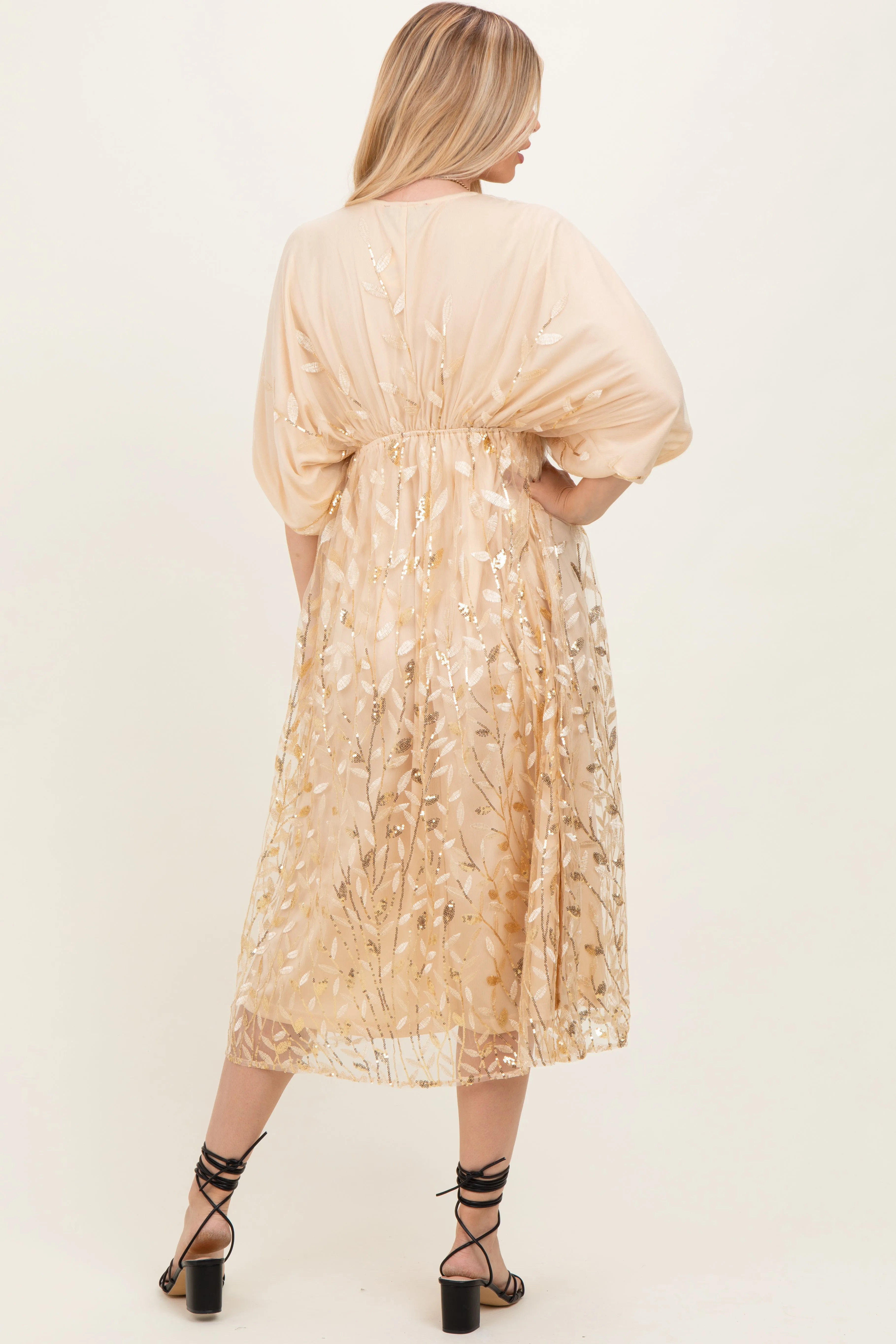 Light Gold Embroidered Tulle Dolman V-Neck Midi Dress sold by Pinkblush product image thumbnail 4