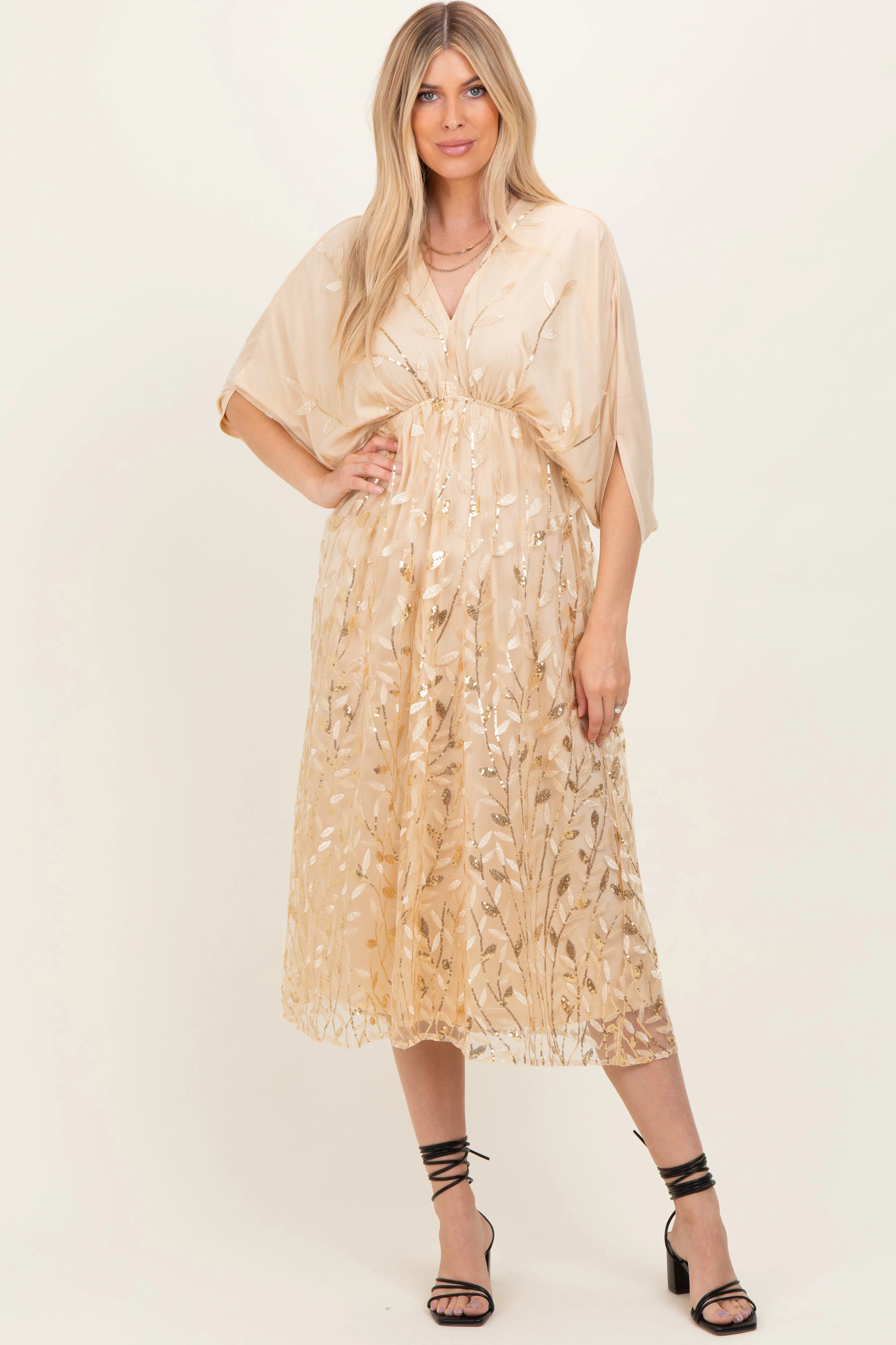Light Gold Embroidered Tulle Dolman V-Neck Midi Dress sold by Pinkblush