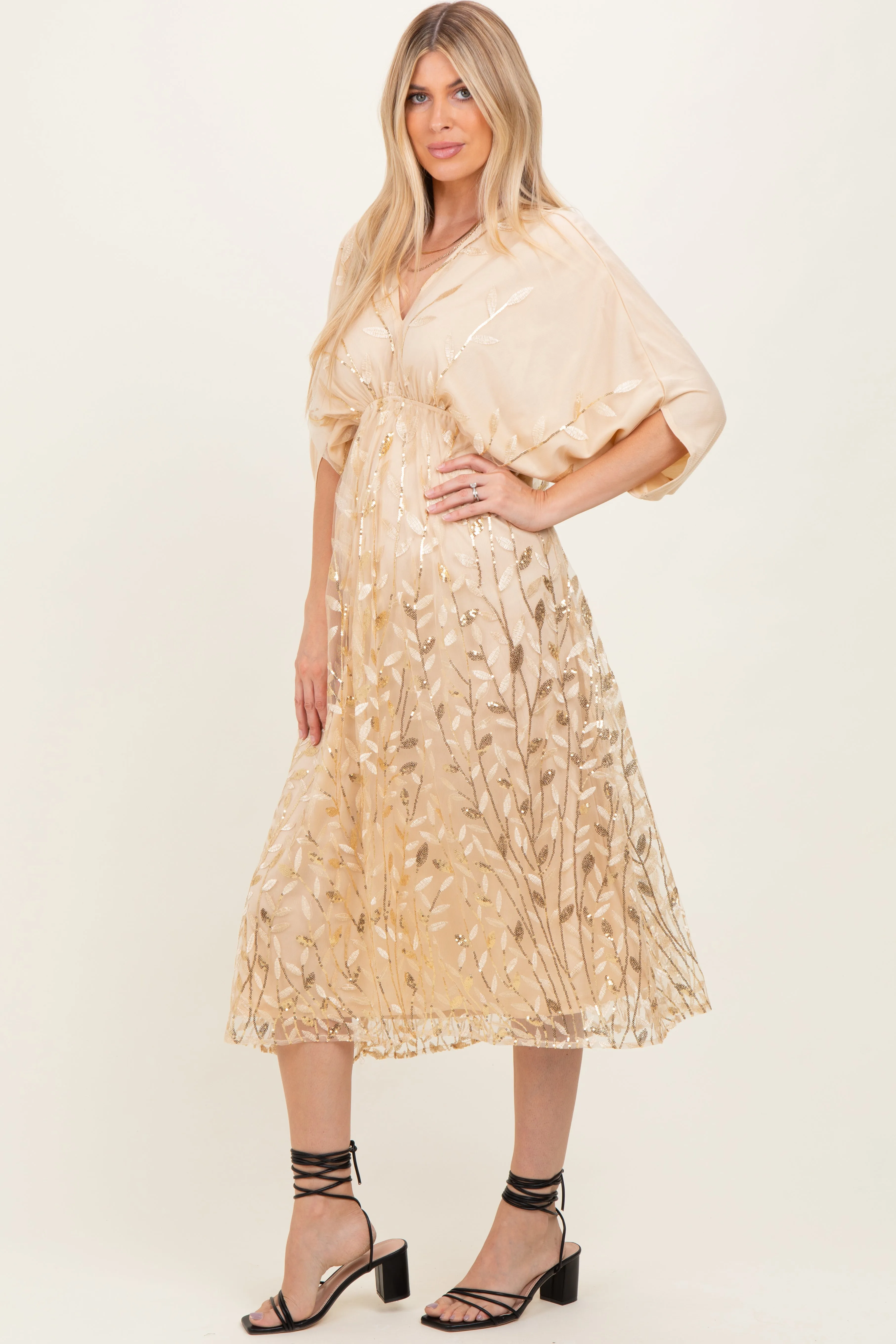 Light Gold Embroidered Tulle Dolman V-Neck Midi Dress sold by Pinkblush product image thumbnail 3