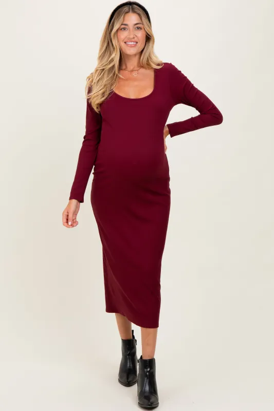Burgundy Scoop Neck Long Sleeve Maternity Midi Dress sold by Pinkblush