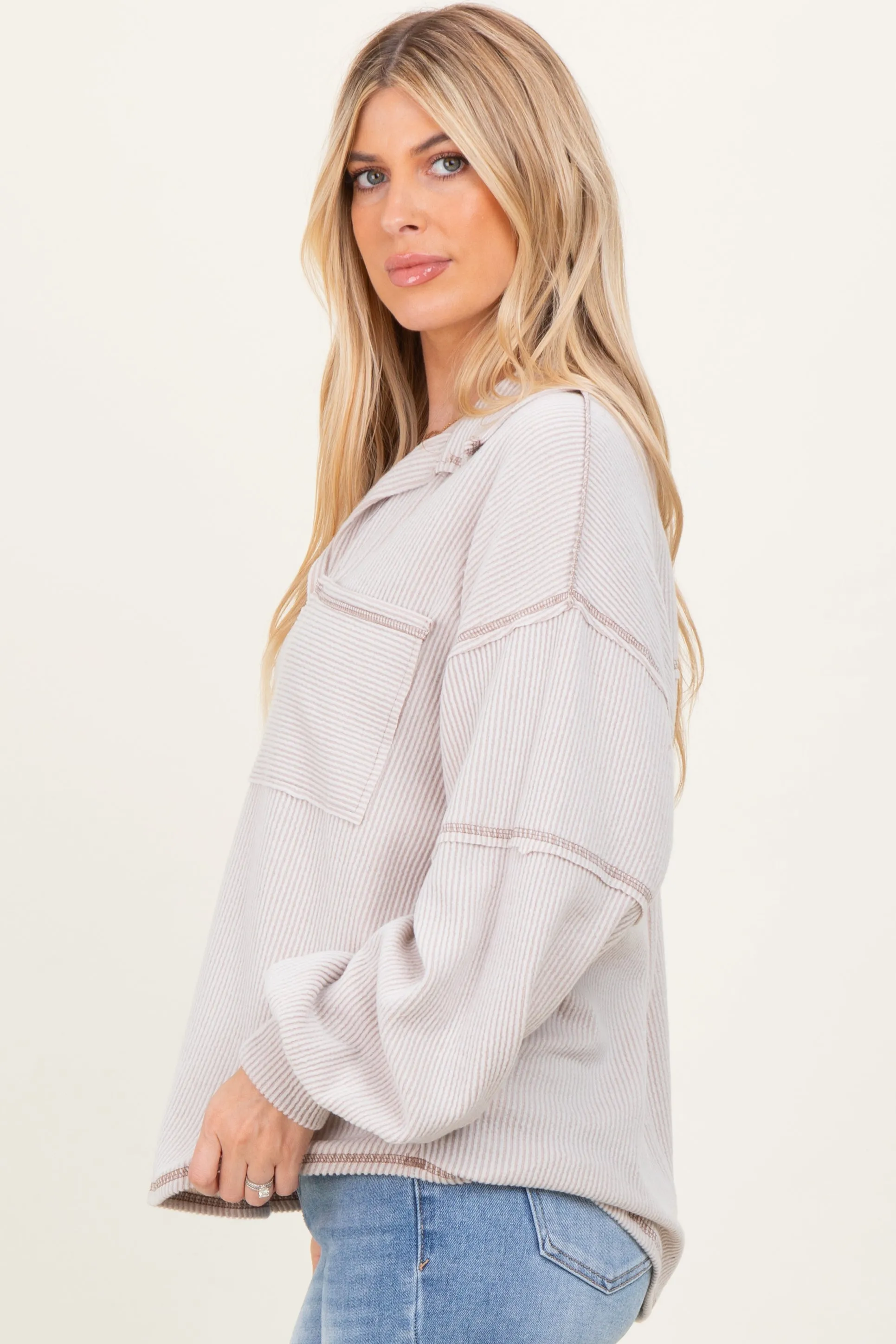 Beige Solid Ribbed Long Sleeve Pocketed Collared V-Neck Top sold by Pinkblush product image thumbnail 3