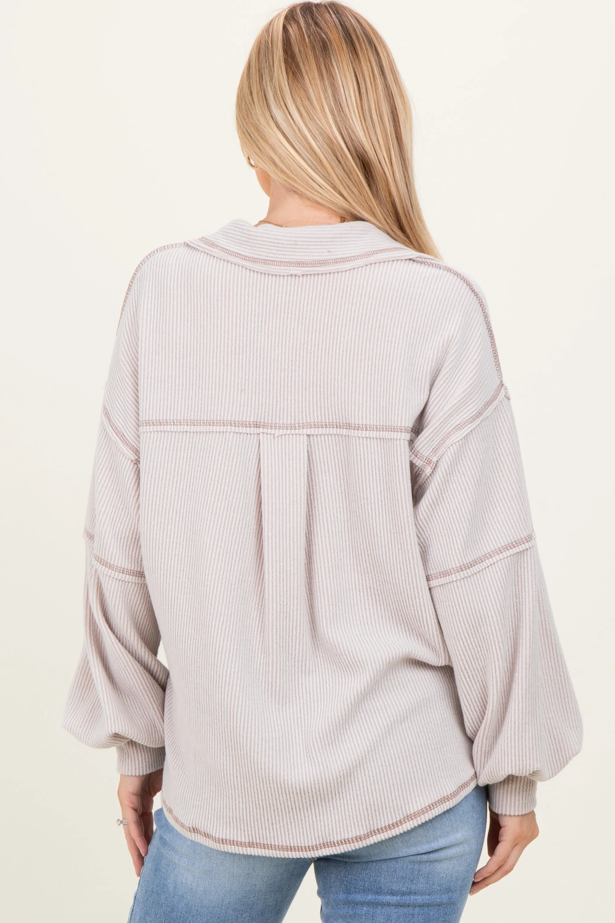 Beige Solid Ribbed Long Sleeve Pocketed Collared V-Neck Top sold by Pinkblush product image thumbnail 4