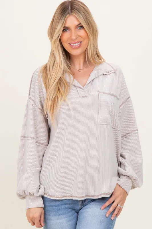 Beige Solid Ribbed Long Sleeve Pocketed Collared V-Neck Top sold by Pinkblush