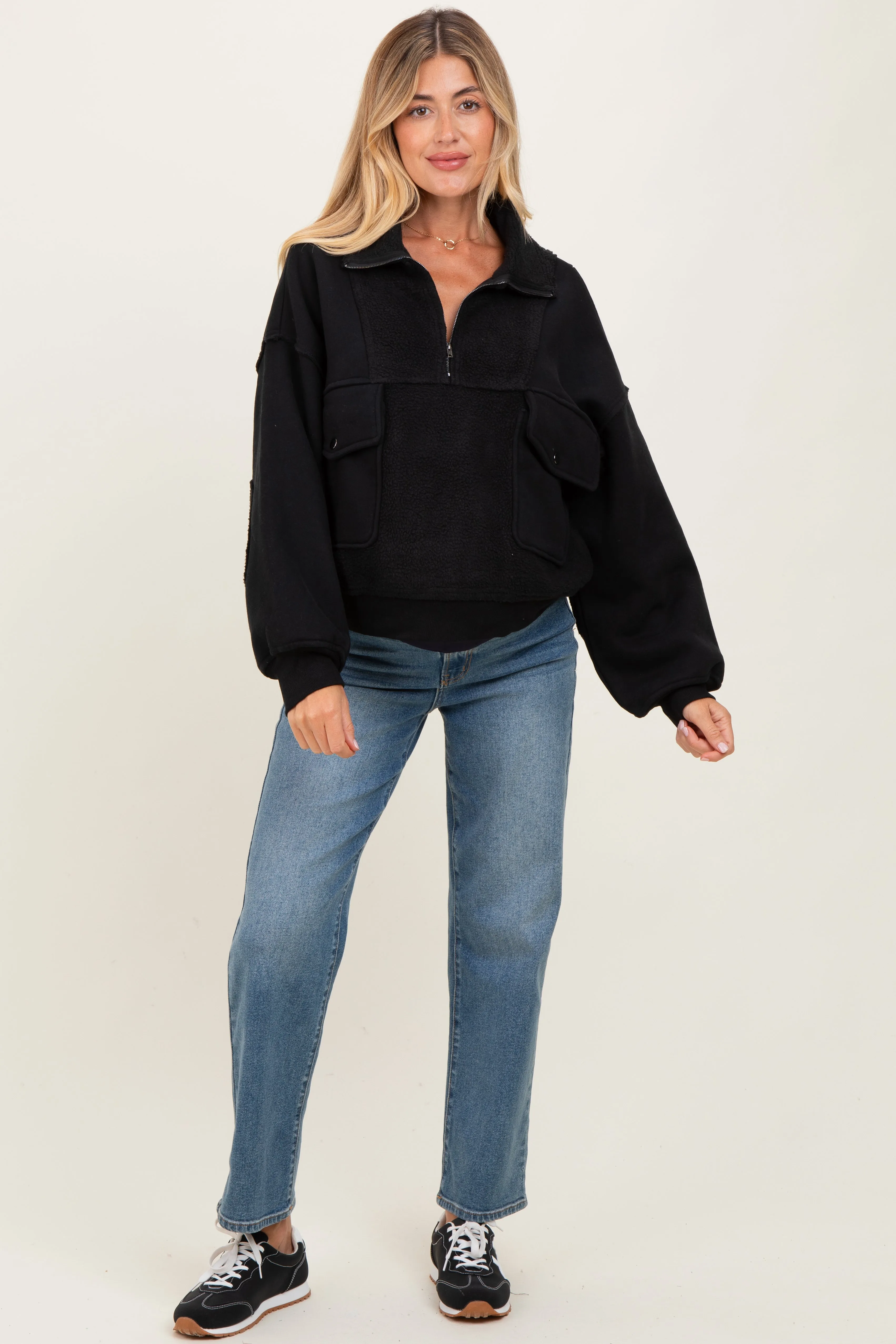 Black Contrast Reversed Fleece 1/4 Zip Maternity Pullover sold by Pinkblush product image thumbnail 2