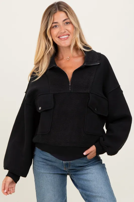 Black Contrast Reversed Fleece 1/4 Zip Maternity Pullover sold by Pinkblush