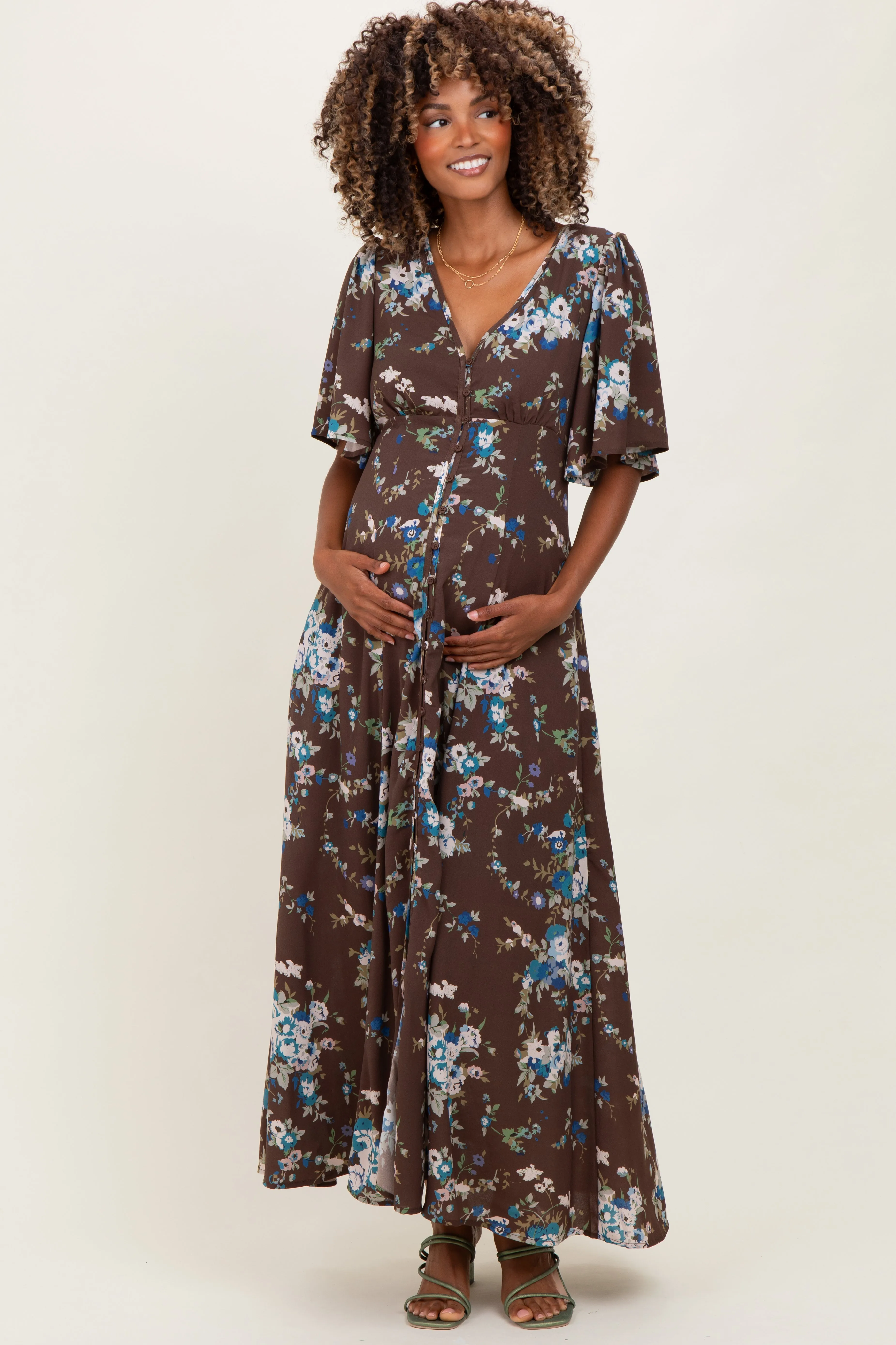 Brown Floral Flutter Button Down Maternity Maxi Dress sold by Pinkblush product image thumbnail 2