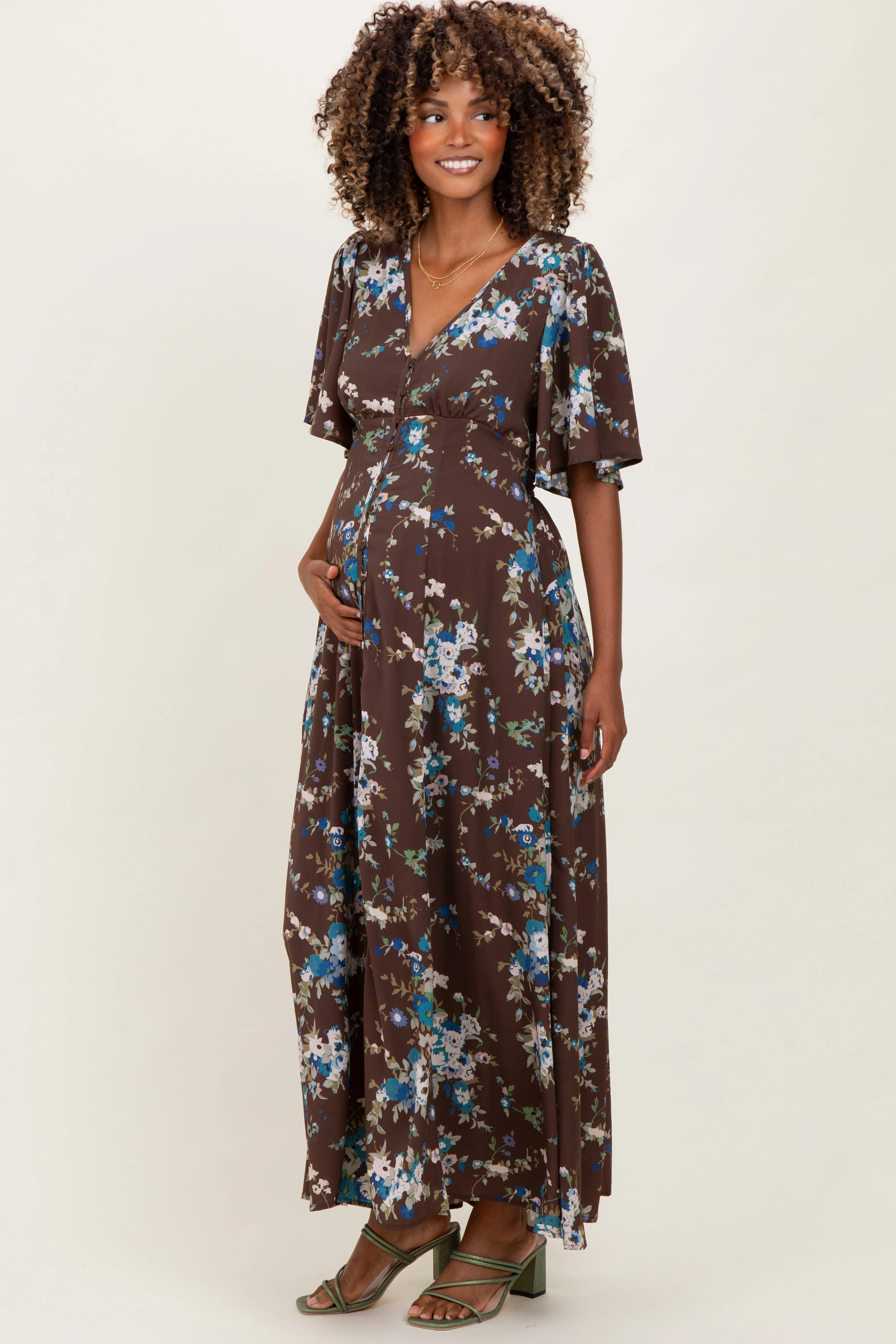 Brown Floral Flutter Button Down Maternity Maxi Dress sold by Pinkblush product image thumbnail 3
