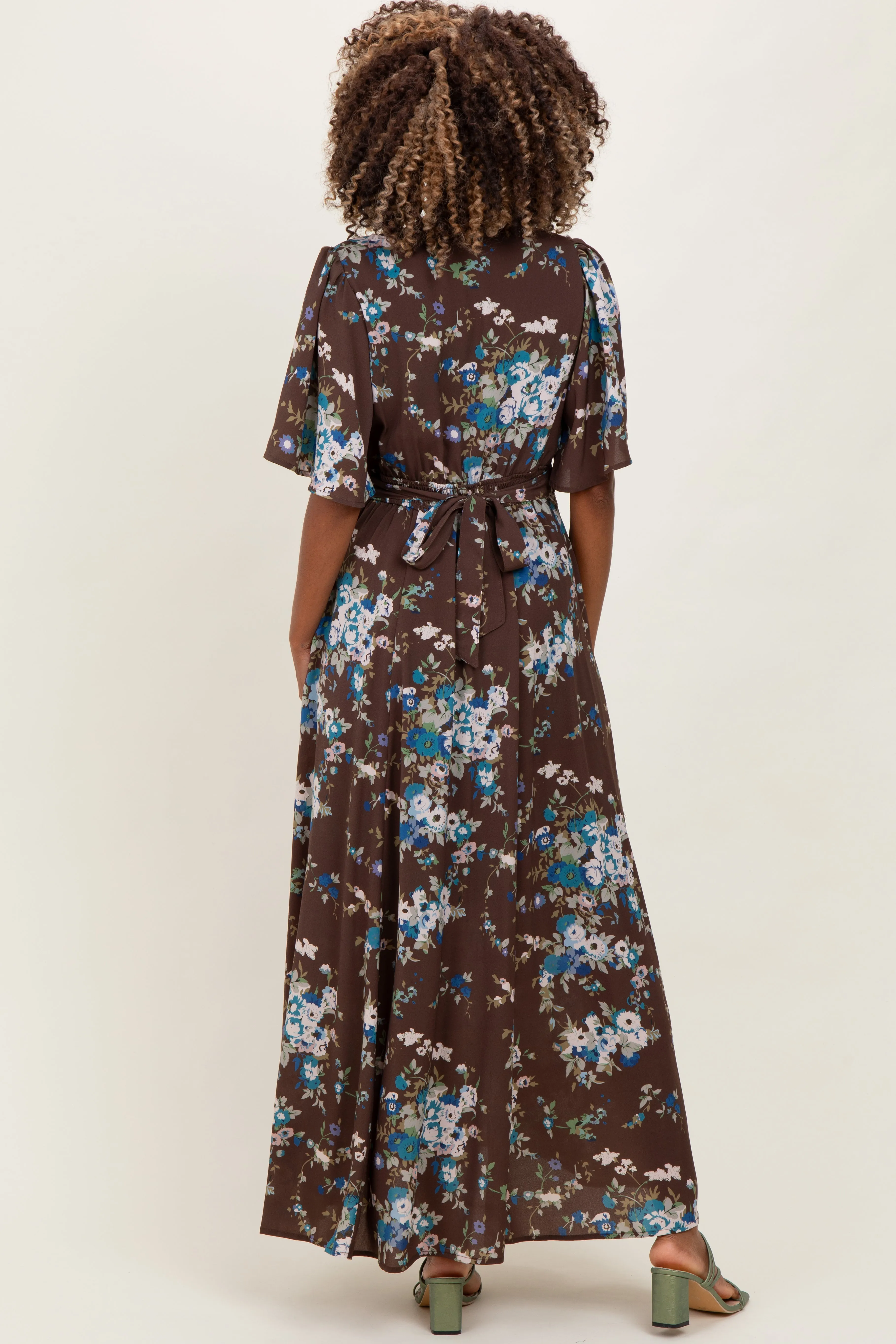 Brown Floral Flutter Button Down Maternity Maxi Dress sold by Pinkblush product image thumbnail 4