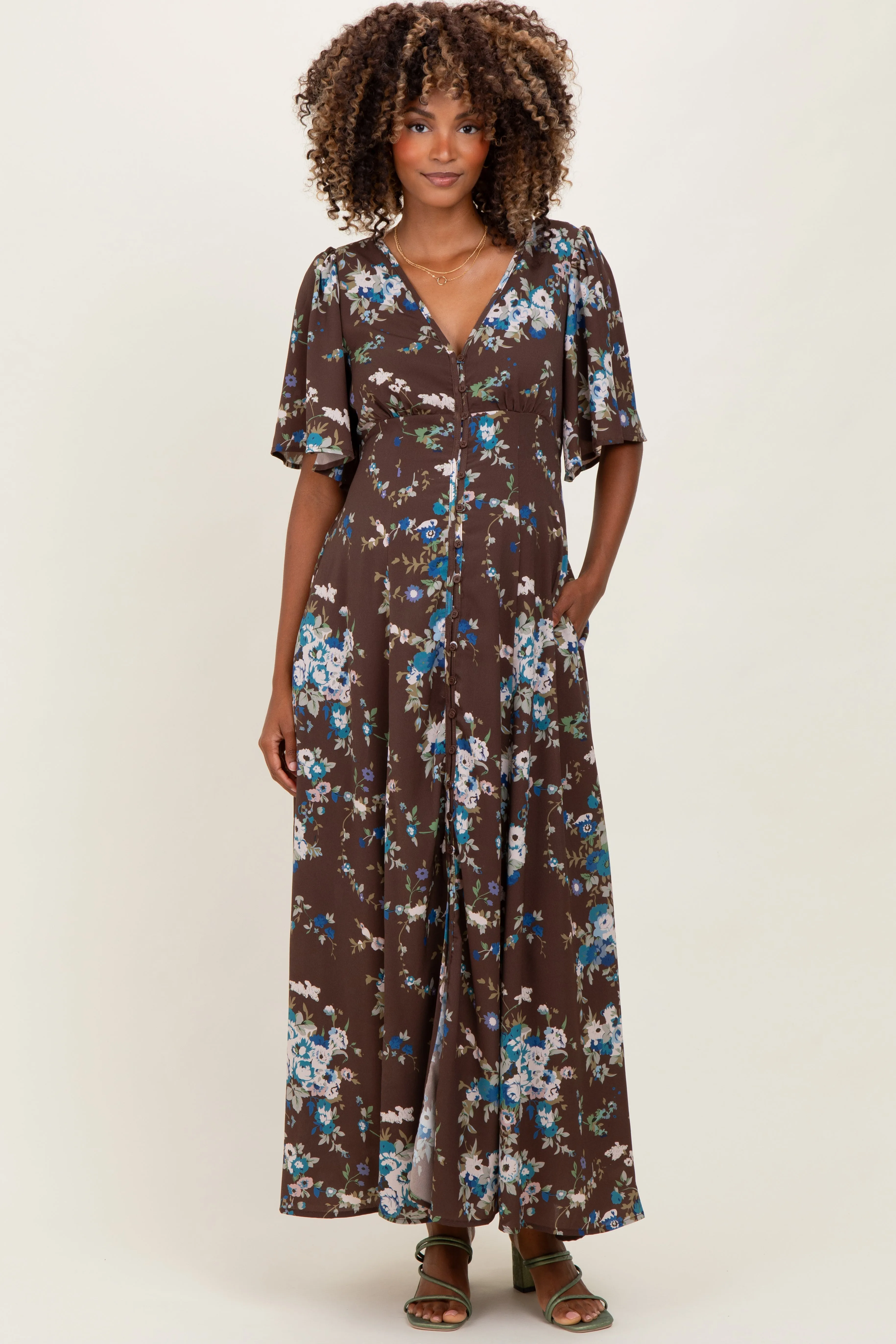 Brown Floral Flutter Button Down Maternity Maxi Dress sold by Pinkblush