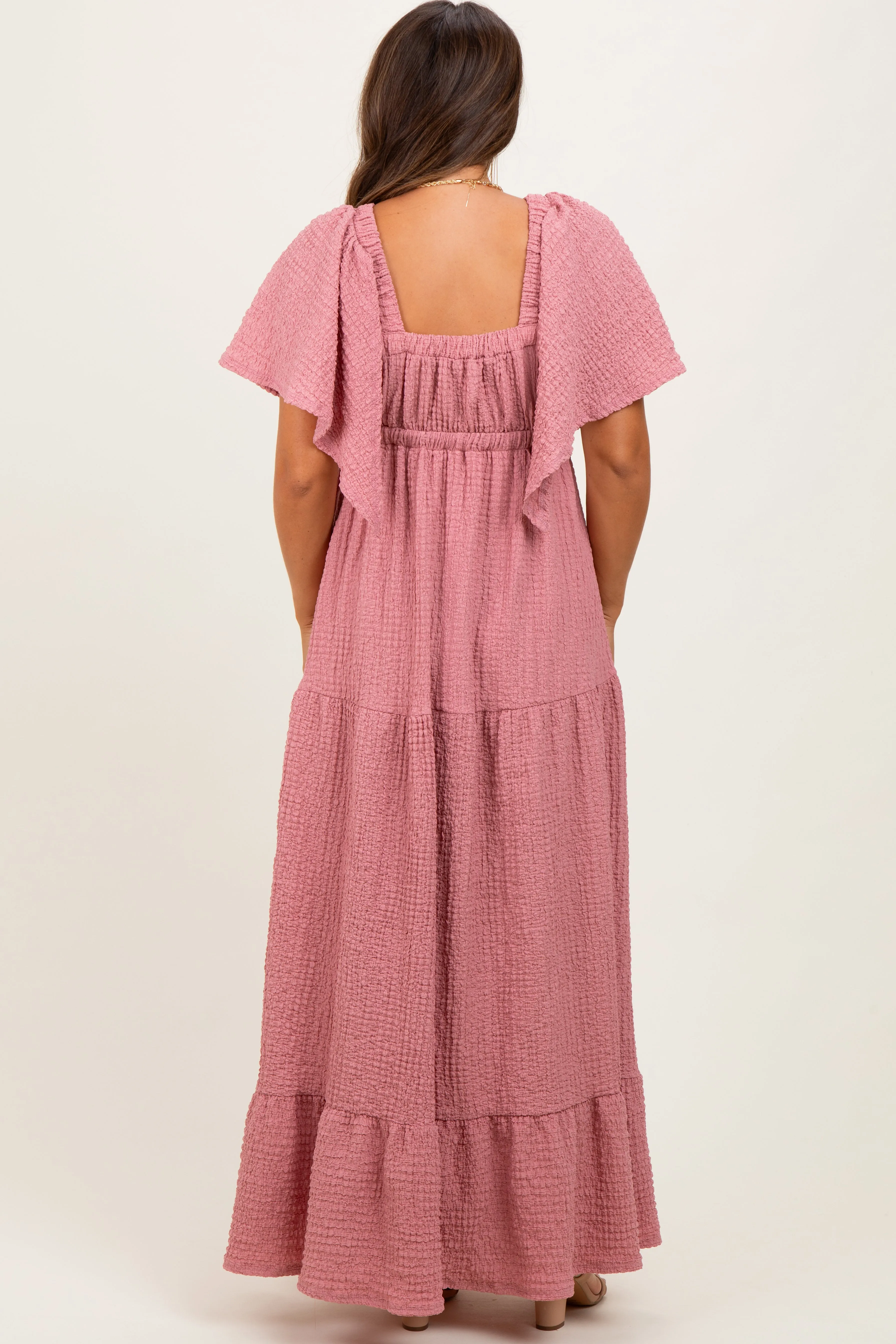Mauve Woven Textured Flutter Sleeve V-Neck Tiered Maternity Maxi Dress sold by Pinkblush product image thumbnail 4
