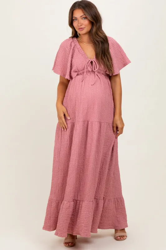 Mauve Woven Textured Flutter Sleeve V-Neck Tiered Maternity Maxi Dress sold by Pinkblush