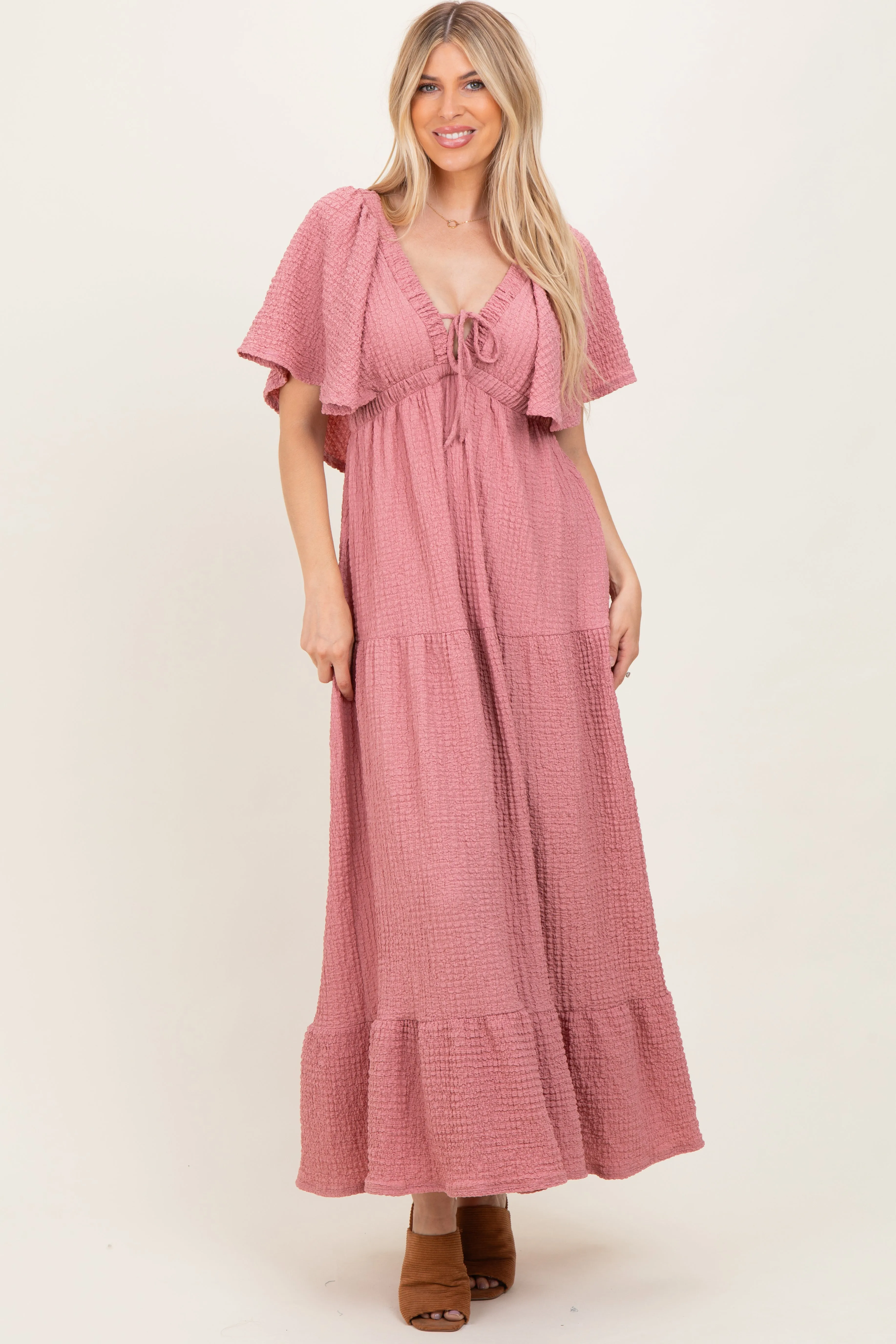 Mauve Woven Textured Flutter Sleeve V-Neck Tiered Maternity Maxi Dress sold by Pinkblush product image thumbnail 5