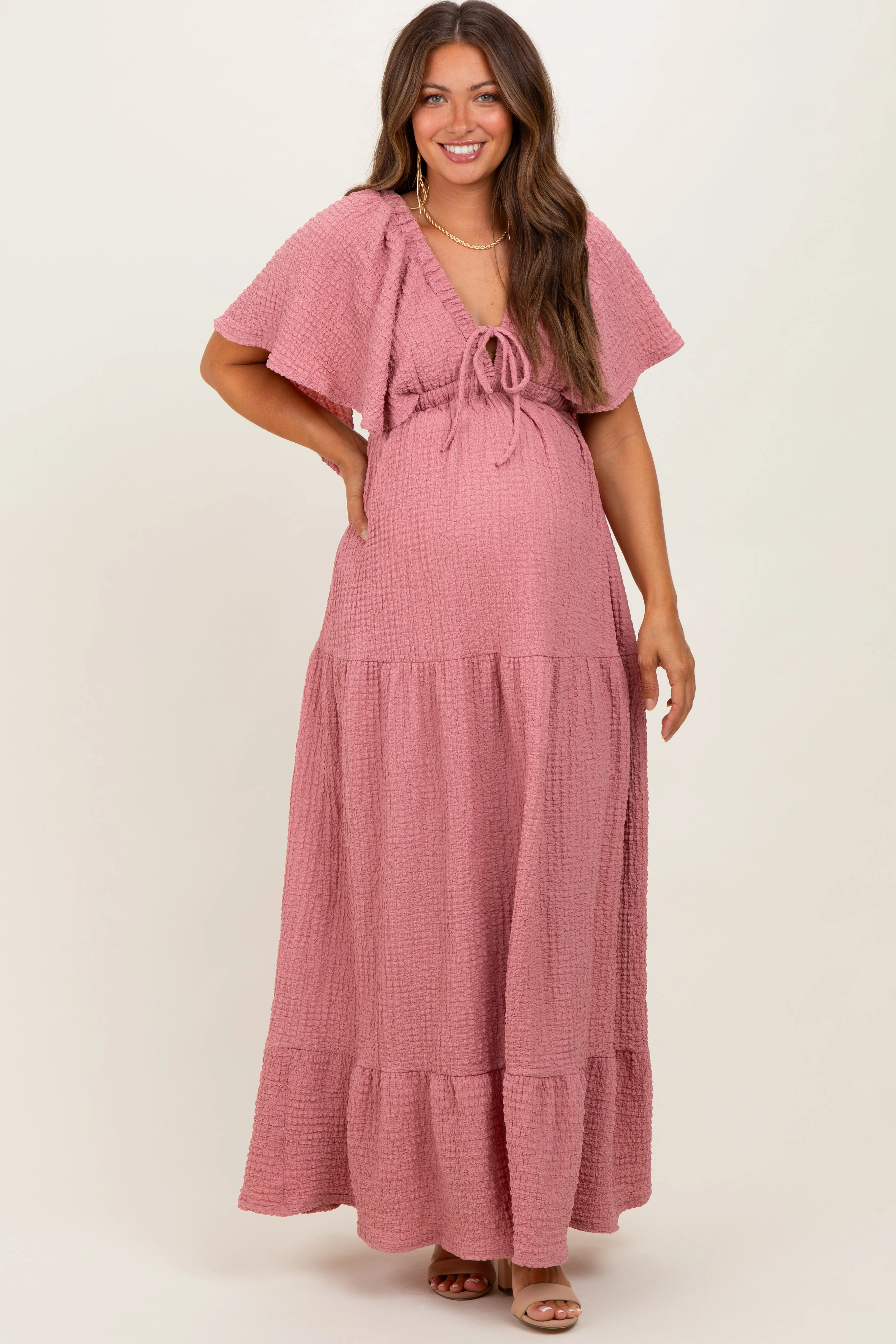 Mauve Woven Textured Flutter Sleeve V-Neck Tiered Maternity Maxi Dress sold by Pinkblush product image thumbnail 2