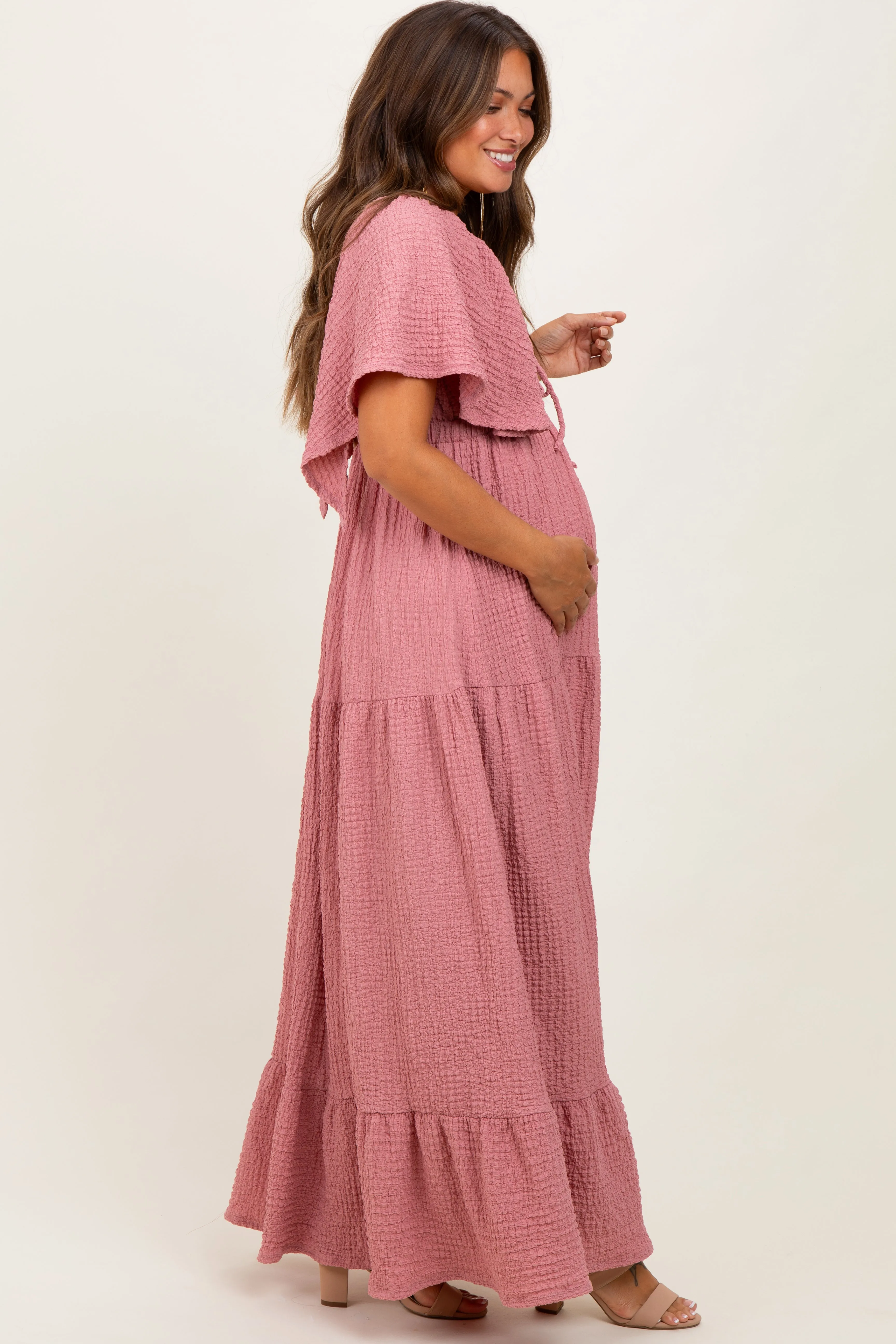 Mauve Woven Textured Flutter Sleeve V-Neck Tiered Maternity Maxi Dress sold by Pinkblush product image thumbnail 3