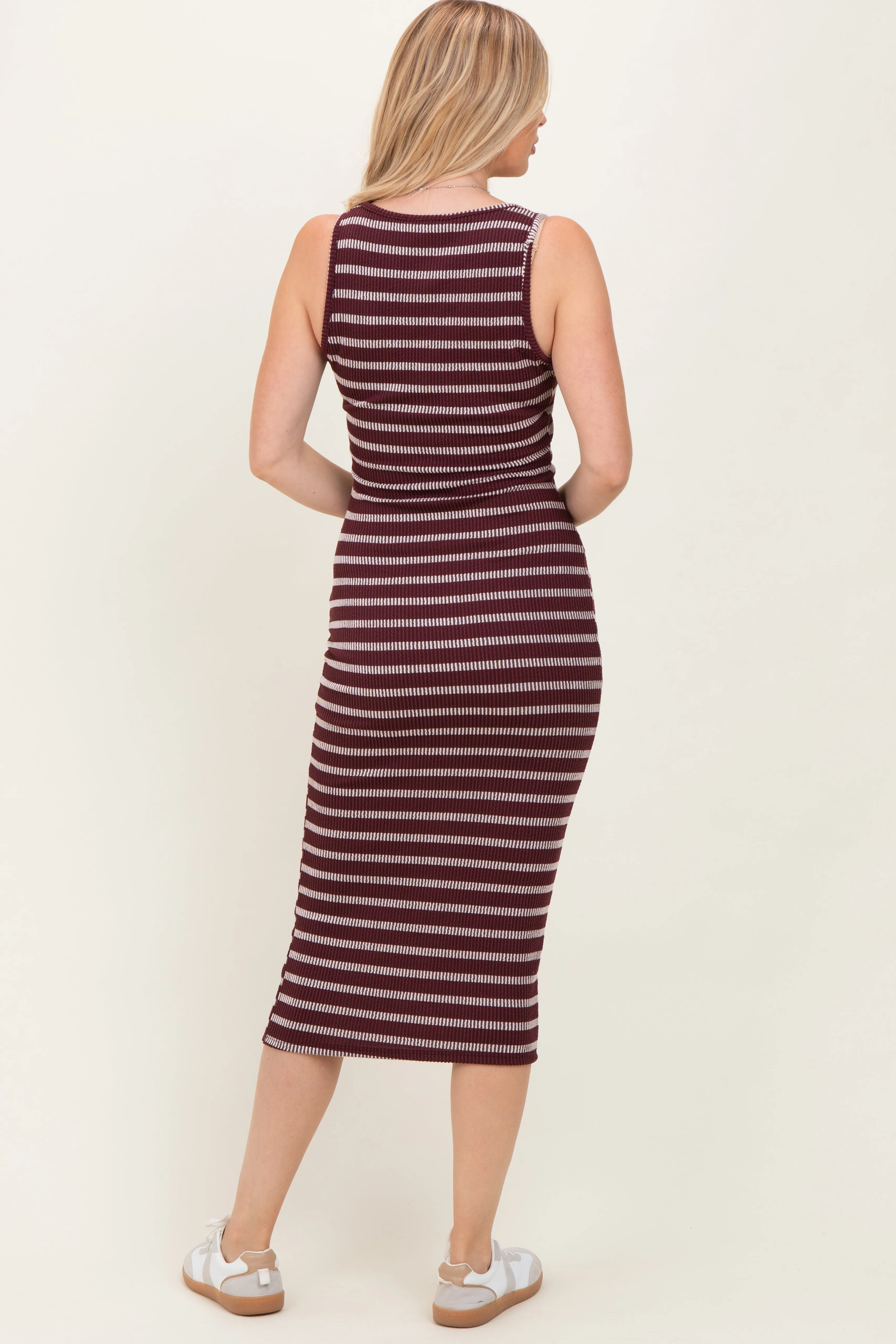 Burgundy Stripe Ribbed Sleeveless V Neck Maxi Dress sold by Pinkblush product image thumbnail 4