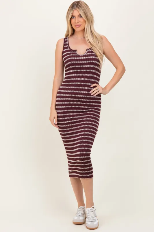 Burgundy Stripe Ribbed Sleeveless V Neck Maxi Dress sold by Pinkblush