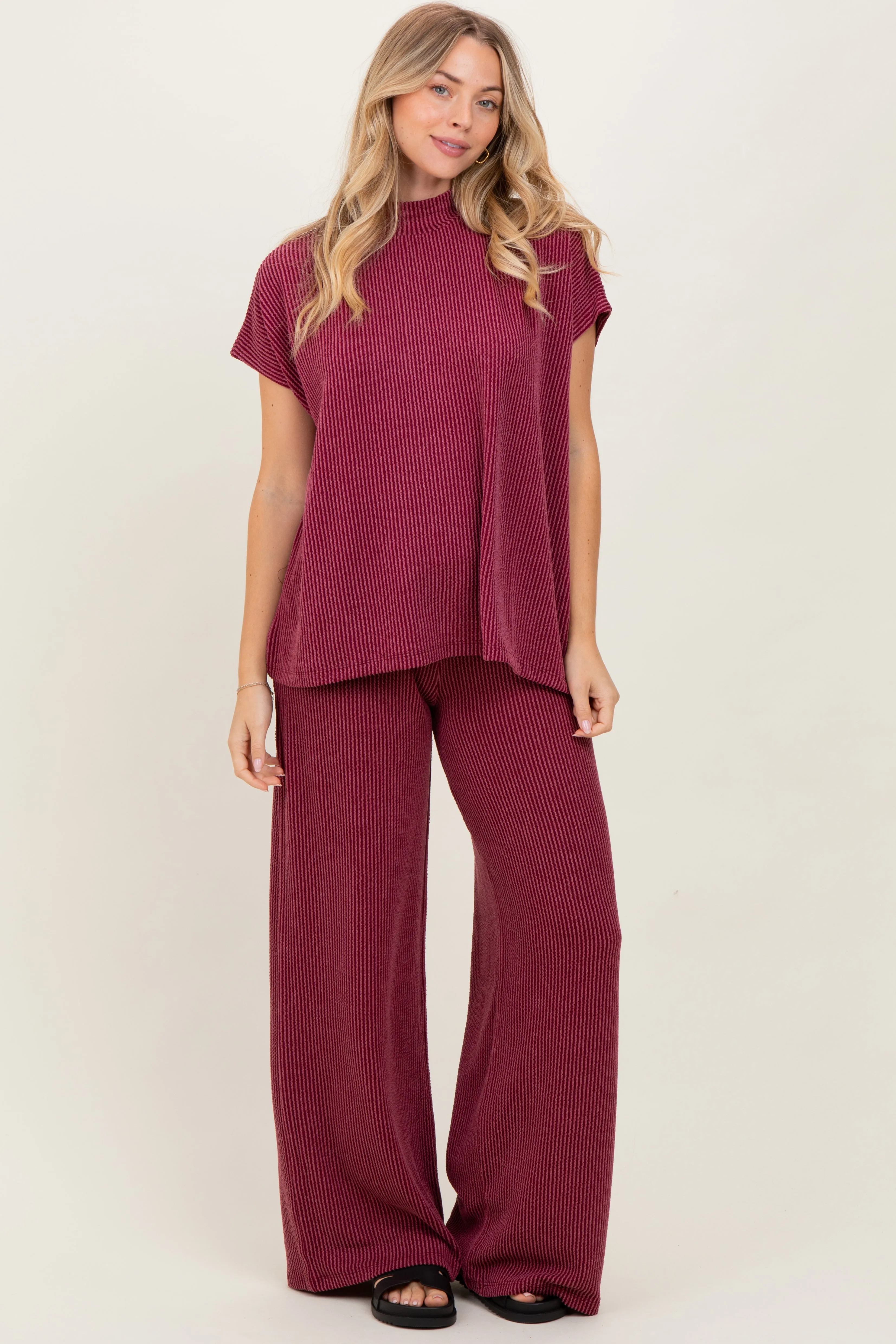 Burgundy Textured Rib Mock Neck Short Sleeve Pant Maternity Set sold by Pinkblush product image thumbnail 3